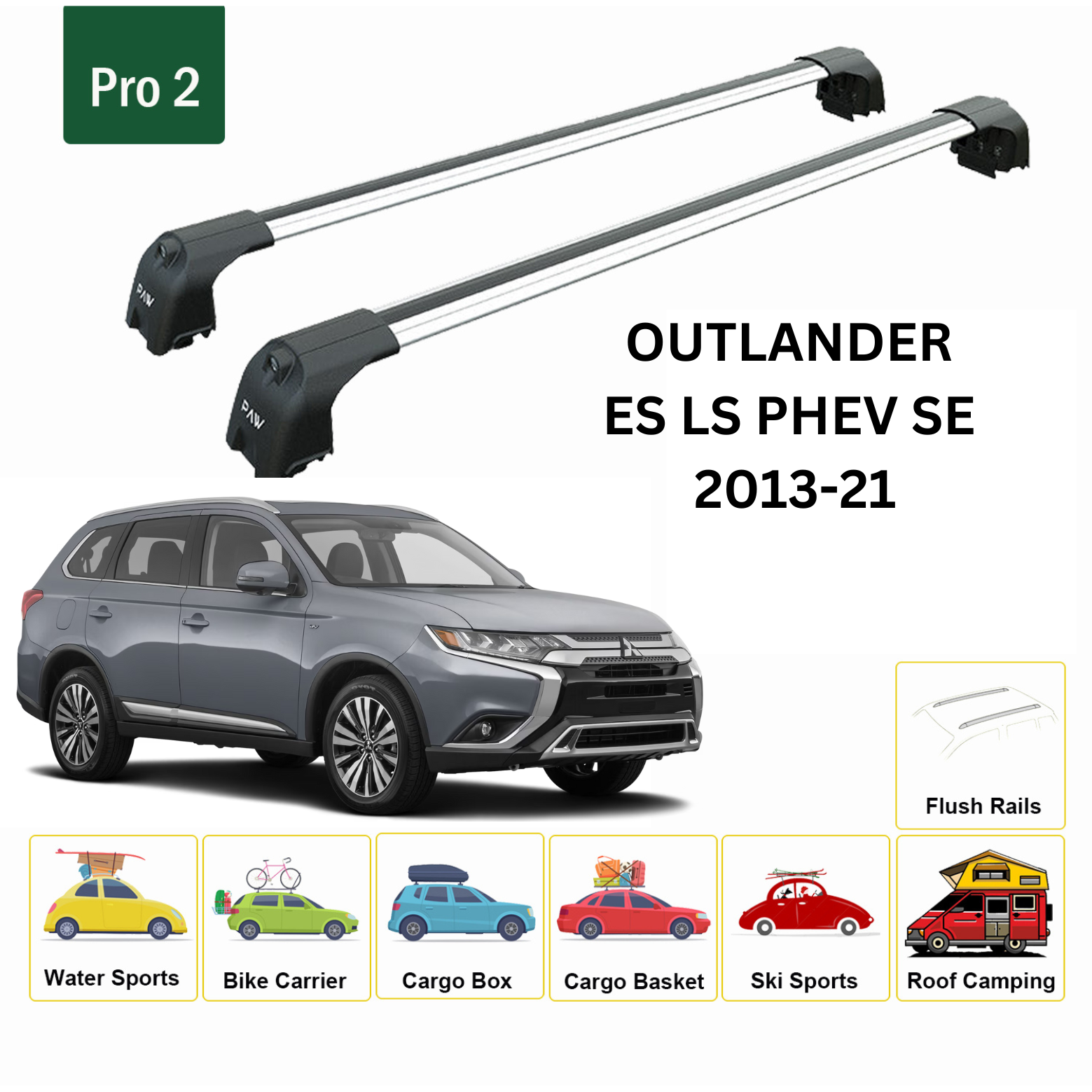 For Mitsubishi Outlander 2013-21 Roof Rack Cross Bars Flush Rail Silver