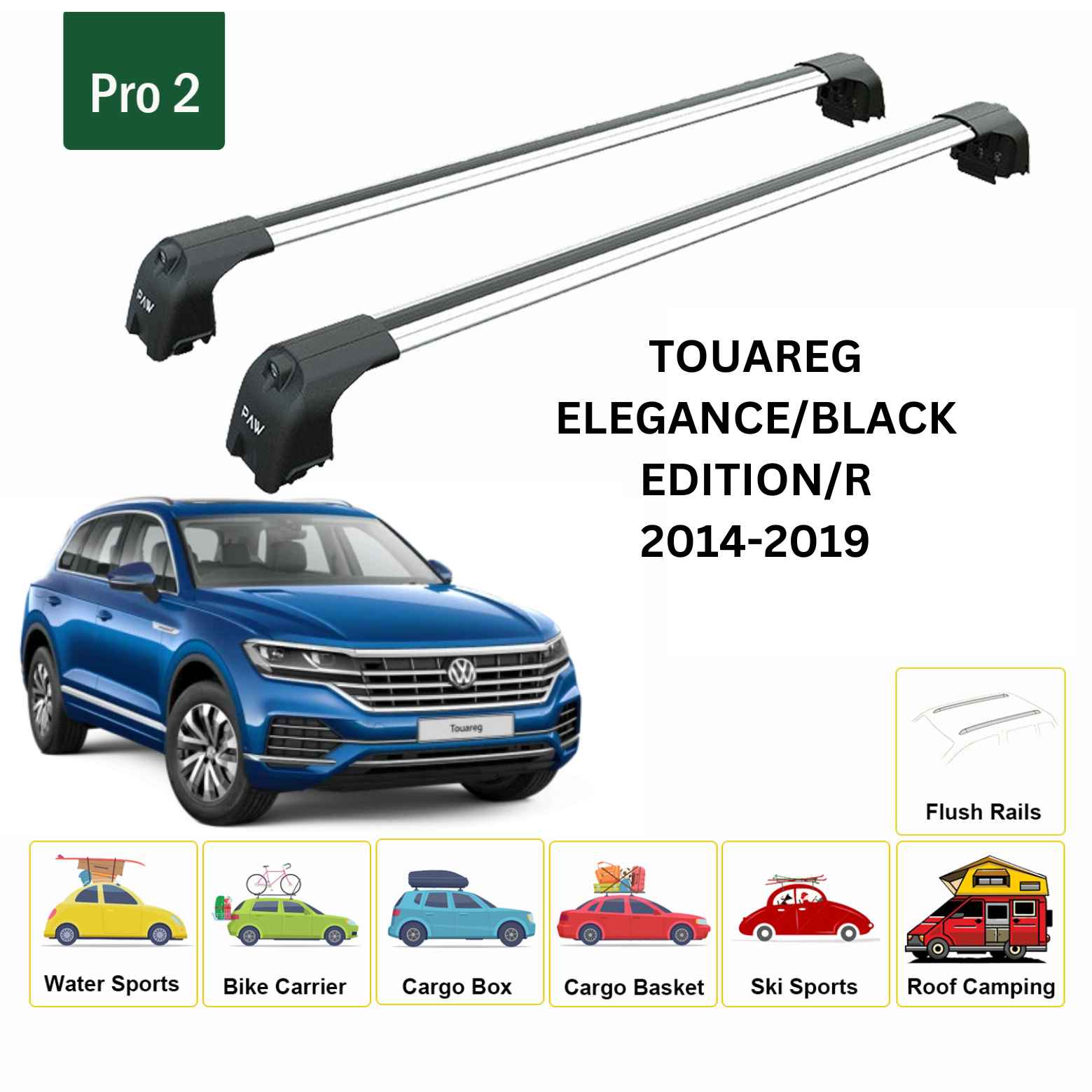 For Volkswagen Touareg 2014-19 Roof Rack Cross Bar Flush Rail Alu Silver - 0