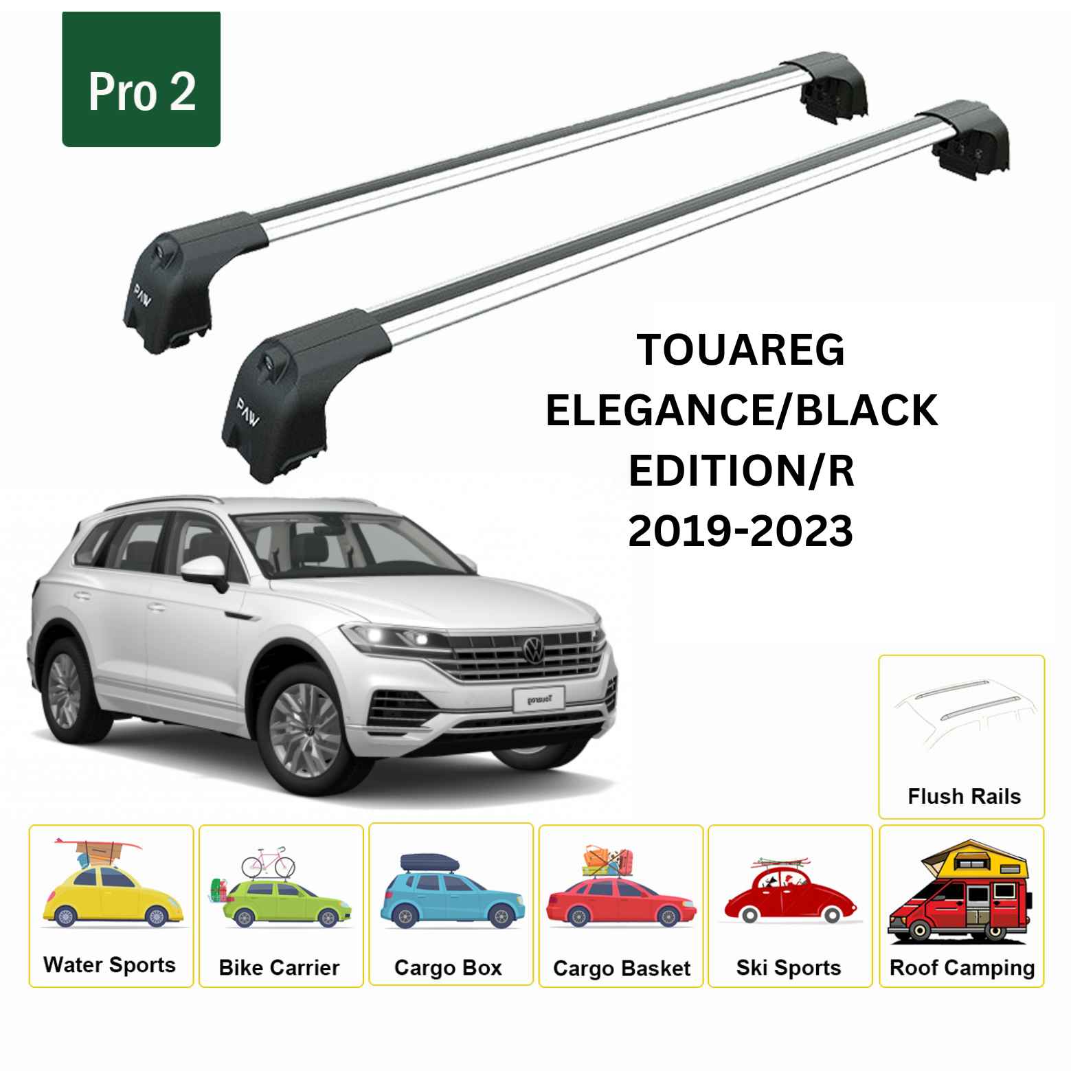 For Volkswagen Touareg 2019-23 Roof Rack Cross Bar Flush Rail Alu Silver