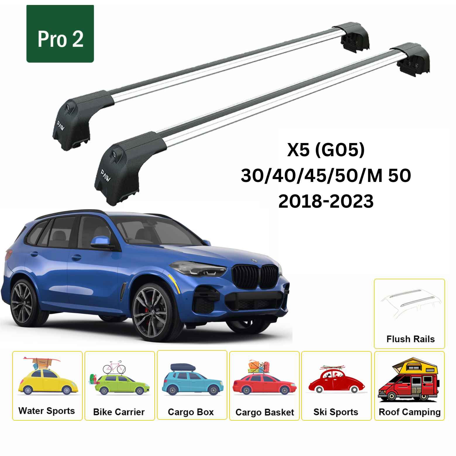 For BMW X5 (G05) 2018-23 Roof Rack Cross Bars Flush Rails Alu Silver - 0