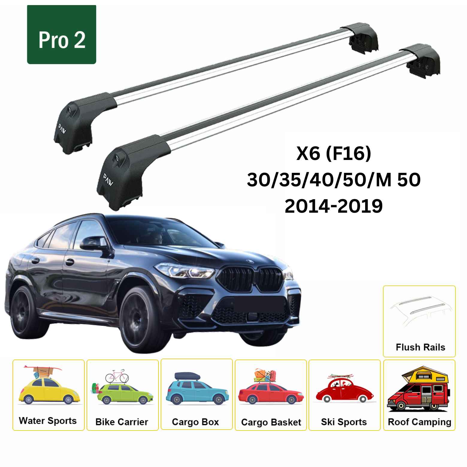 For BMW X6 (G06) 2019-23 Roof Rack Cross Bars Flush Rail Alu Silver
