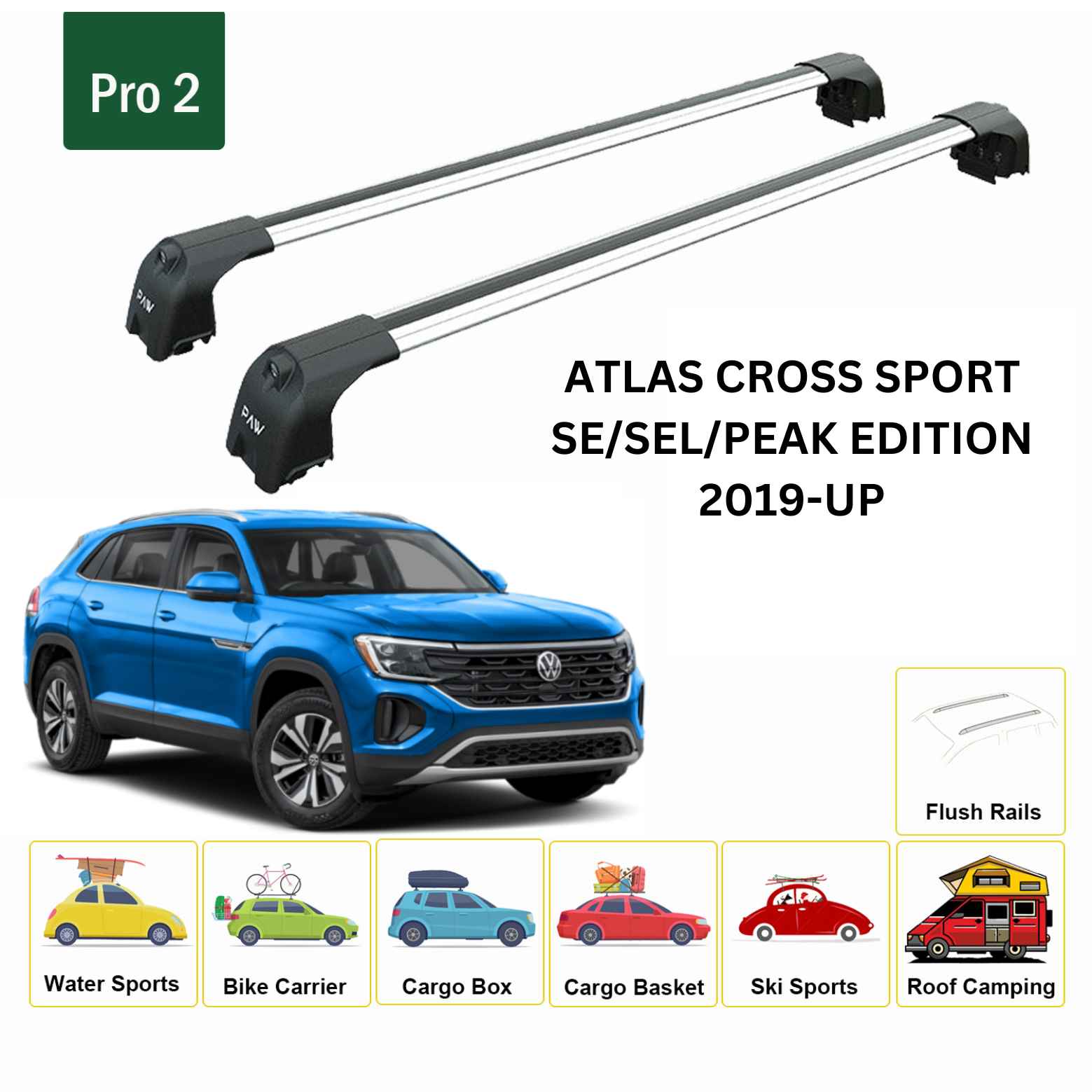 For Volkswagen Atlas CrossSport 2019-Up Roof Rack Cross Bar Flush Rail Alu Silver - 0