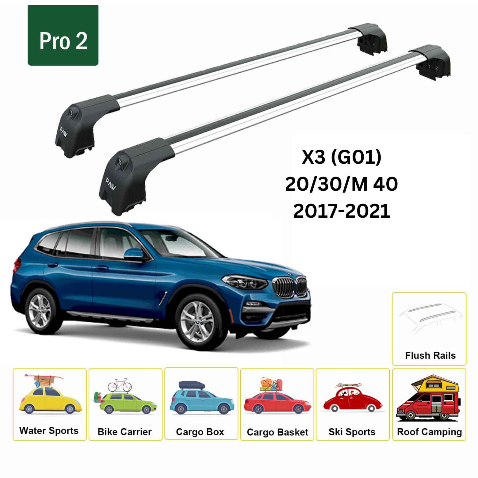 For BMW X3 (G01) 2017-21 Roof Rack Cross Bars Flush Rails Alu Silver - 0