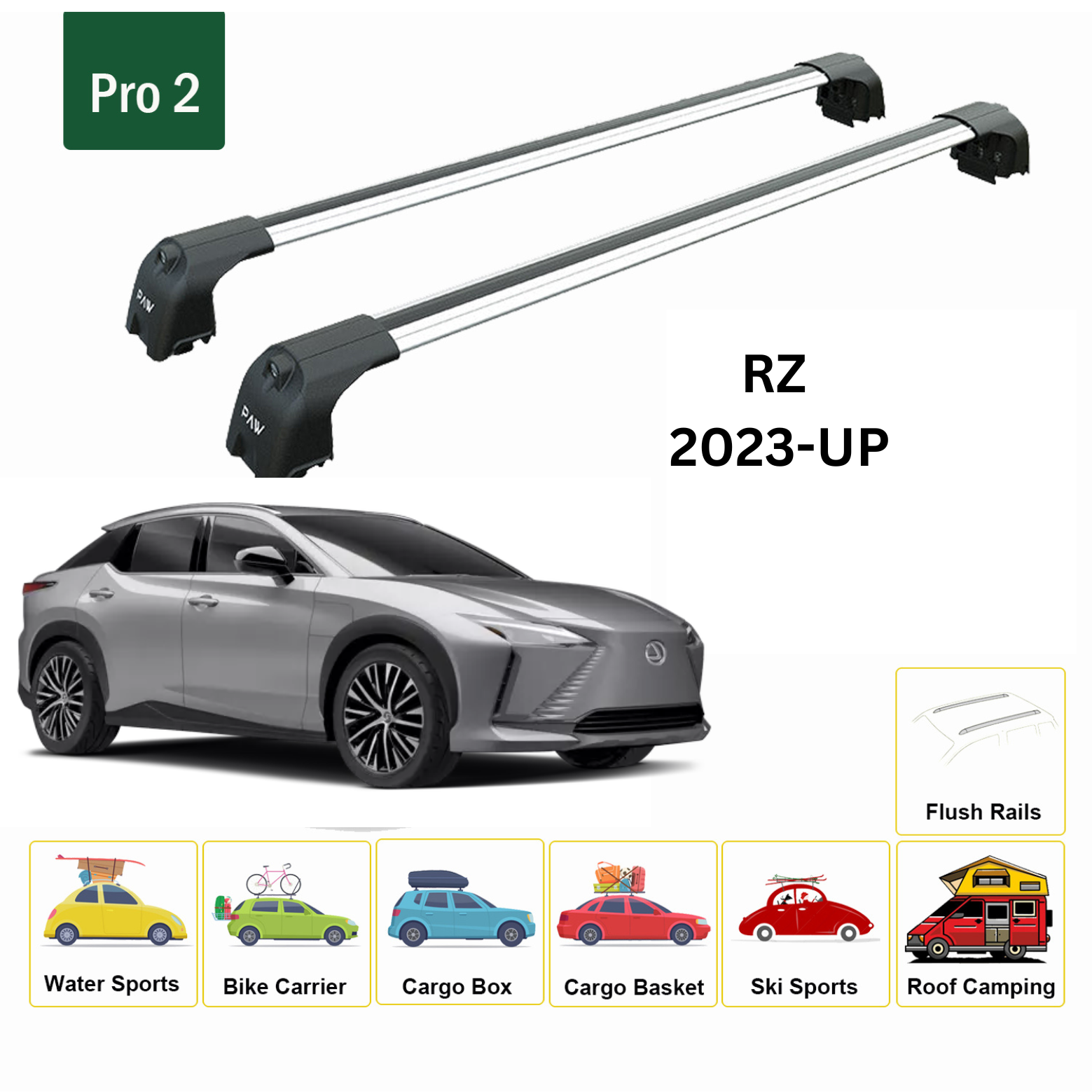 For Lexus RZ 2023-Up Roof Rack Cross Bars Metal Bracket Flush Rail Alu Silver