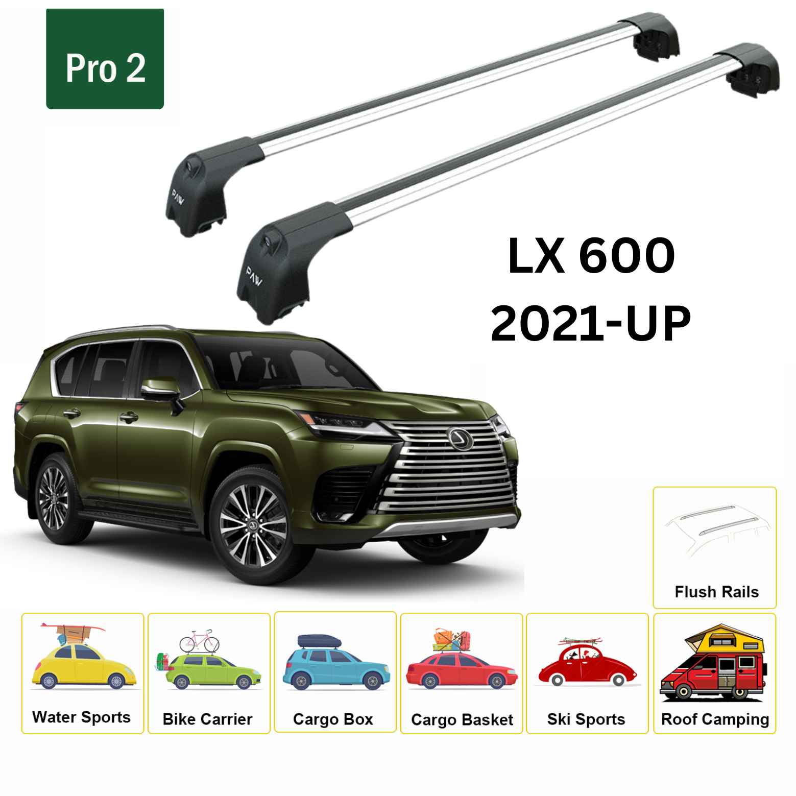 For Lexus LX 600 2021-Up Roof Rack Cross Bars Flush Rail Alu Silver - 0