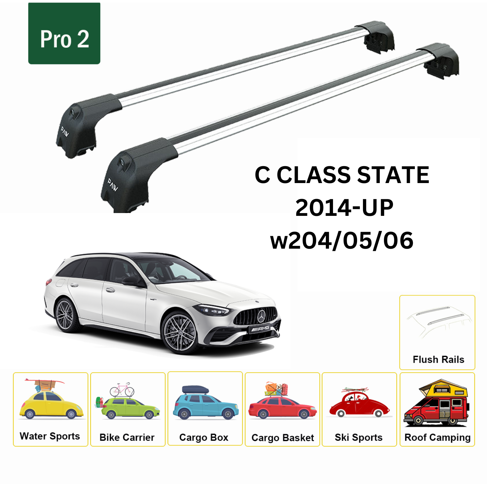 For Mercedes C Estate S205 Roof Rack Cross Bars Metal Bracket Flush Rail Alu Silver 2014-2021 - 0