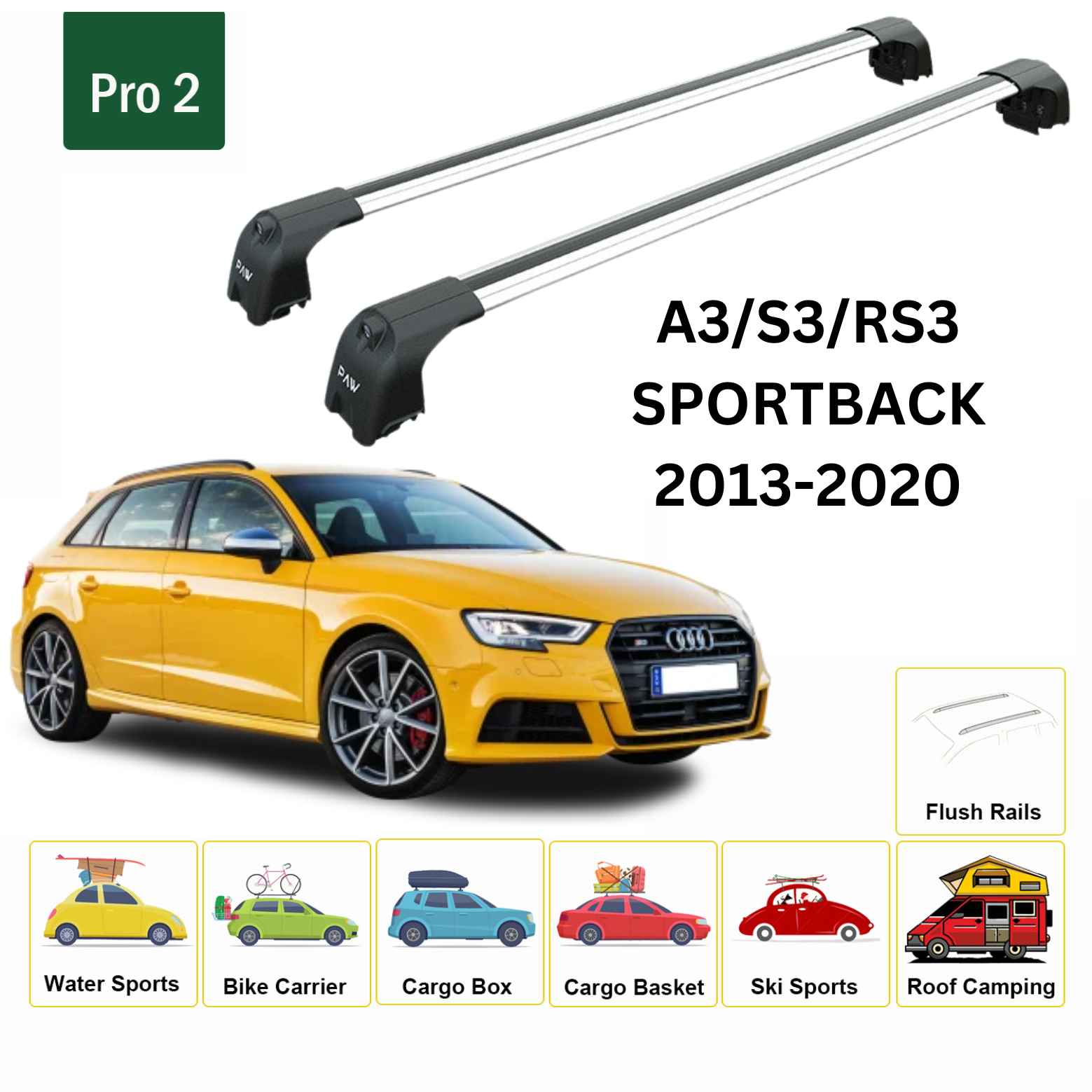 For Audi A3/S3/RS3 Sportback 2013-20 Roof Rack Cross Bars Flush Rail Alu Silver