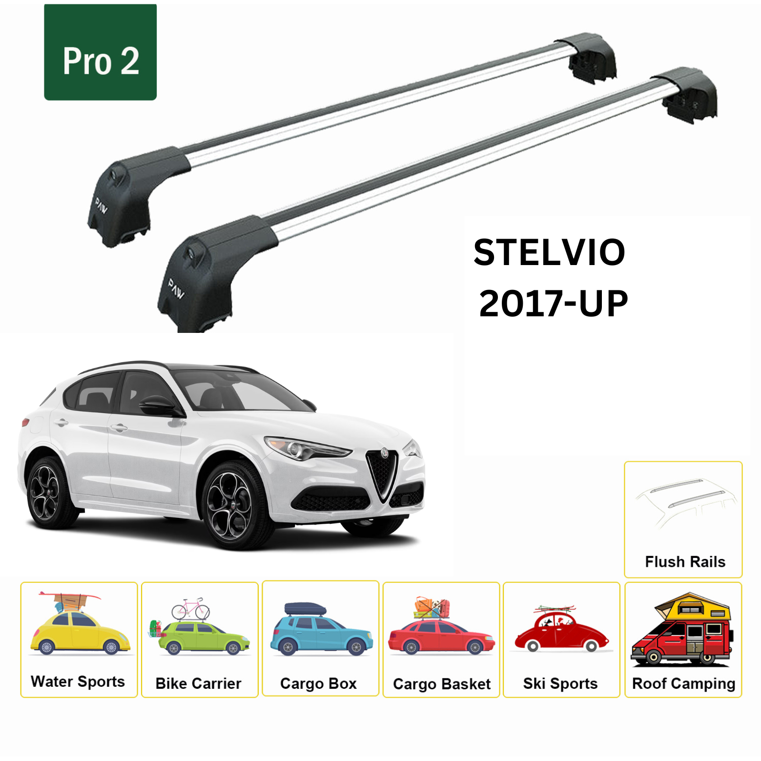 Für Alfa Romeo Stelvio 2017-Up Dachträgersystem, Aluminium-Querstange, Metallhalterung, bündige Schienen, Silber-2