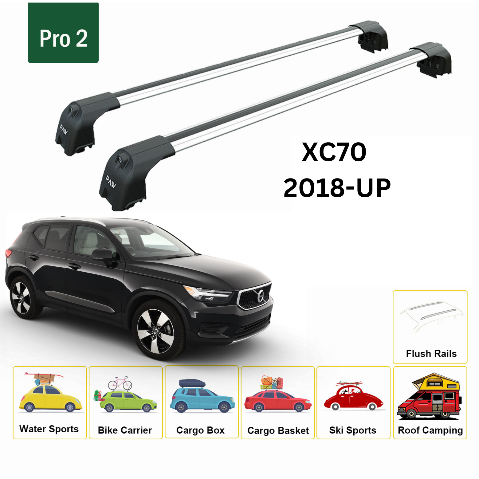 For Volvo XC70 2018-Up Roof Rack Cross Bar Metal Bracket Flush Rail Alu Silver-2
