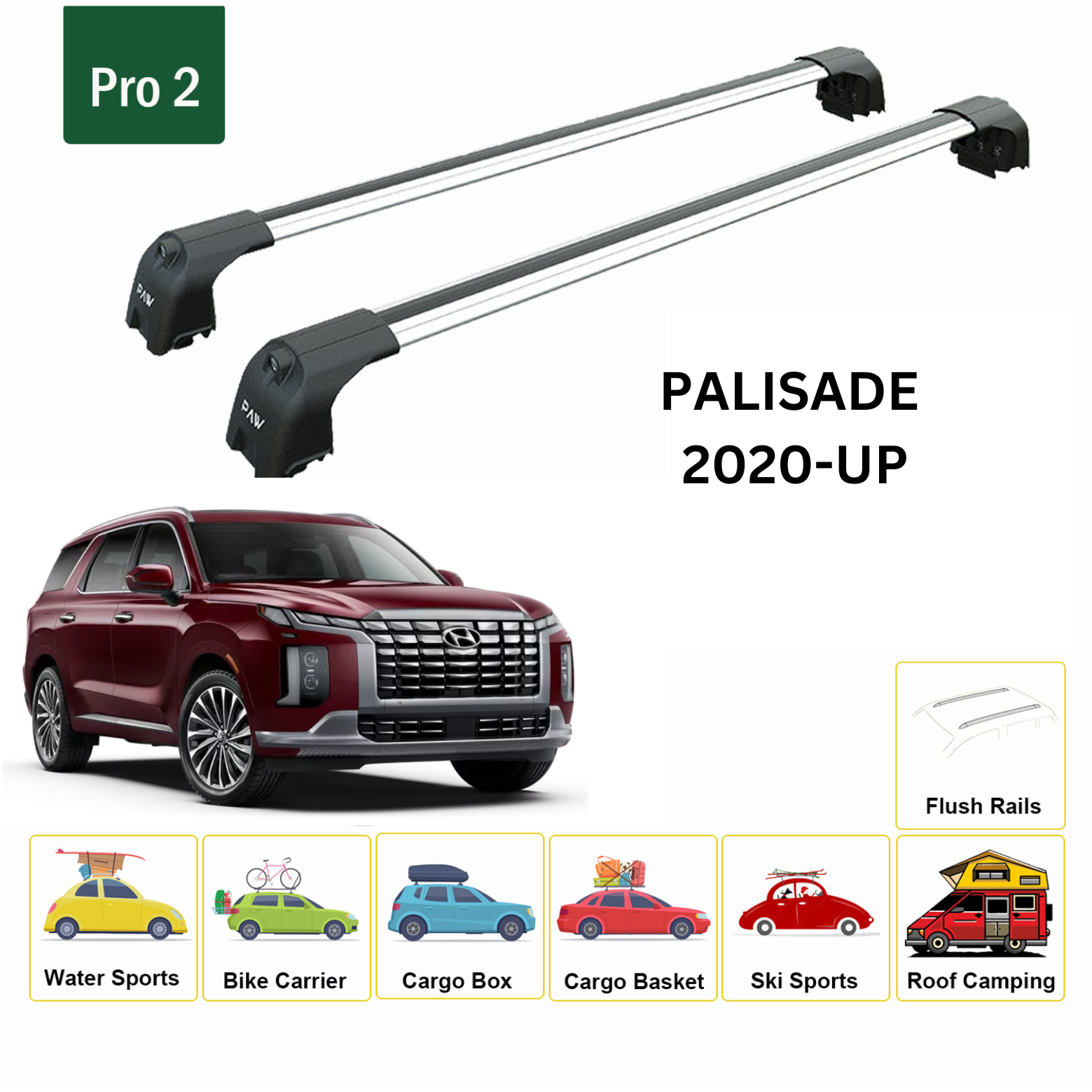 Für Hyundai Palisade 2020-Up Dachträgersystem, Aluminium-Querstange, Metallhalterung, abschließbar, Silber
