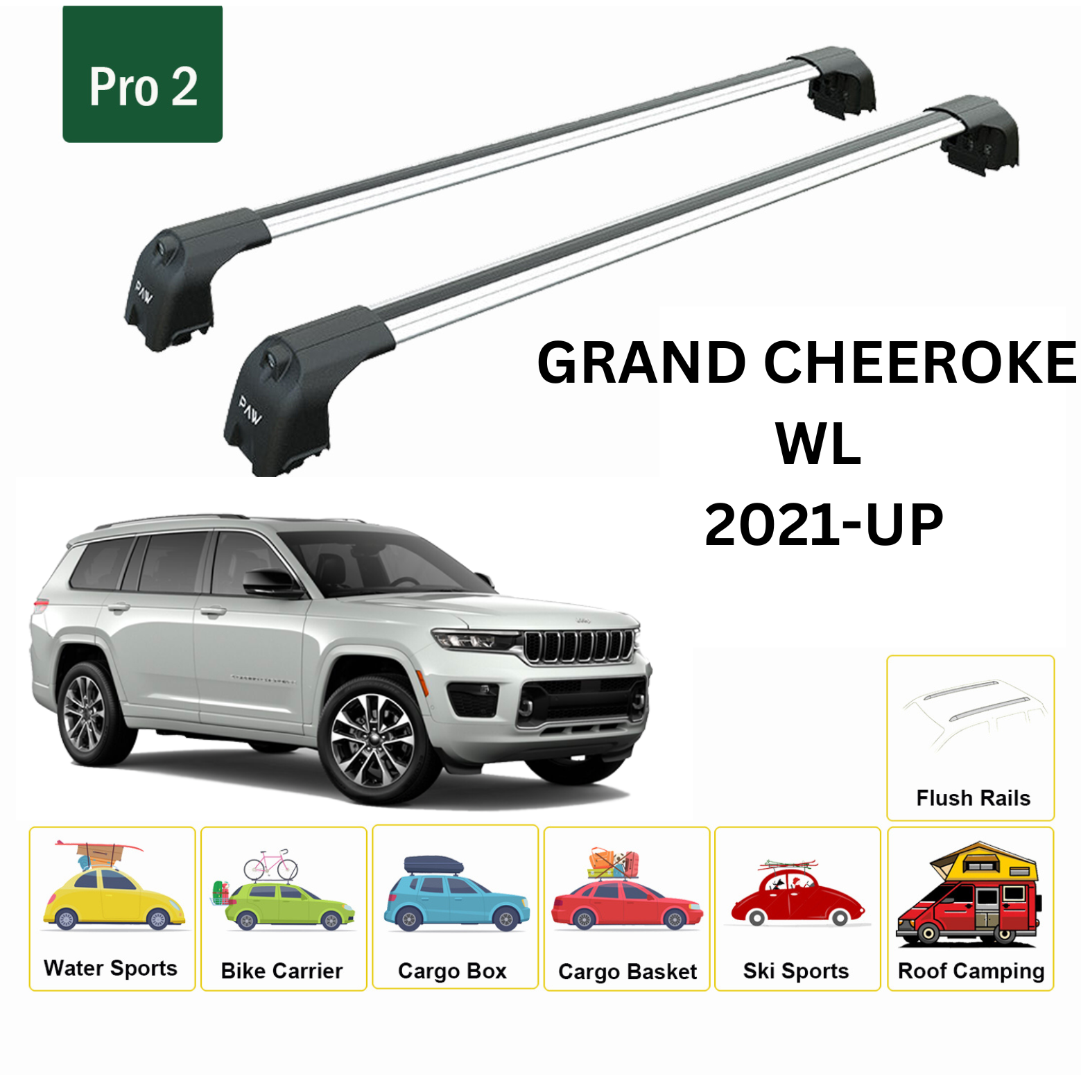 For Jeep Grand Cherokee WL 2021-Up Roof Rack Cross Bars Metal Bracket Flush Rail Alu Silver-2