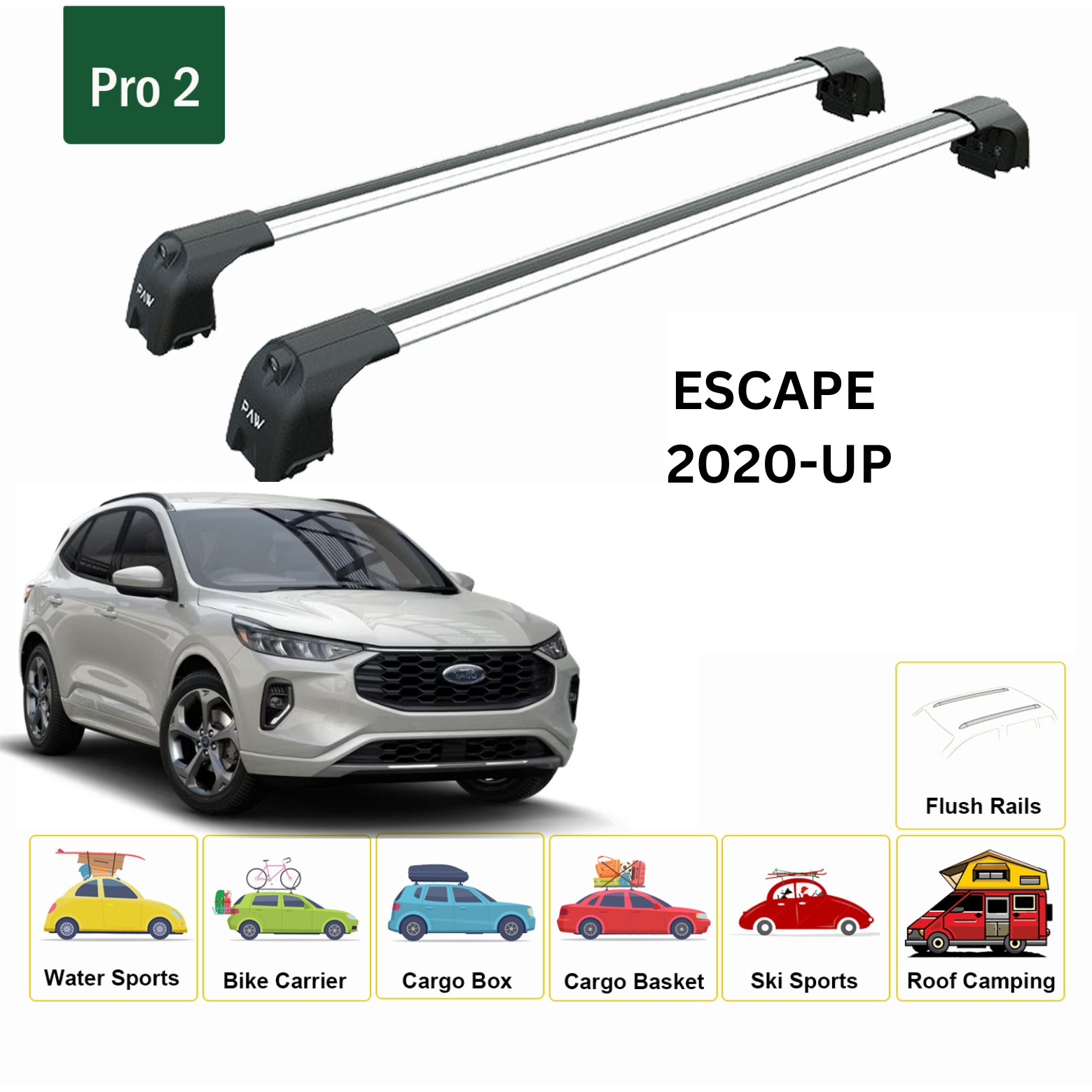 For Ford Escape (CX482) 2020-Up Roof Rack Cross Bars Flush Rail Alu Silver - 0