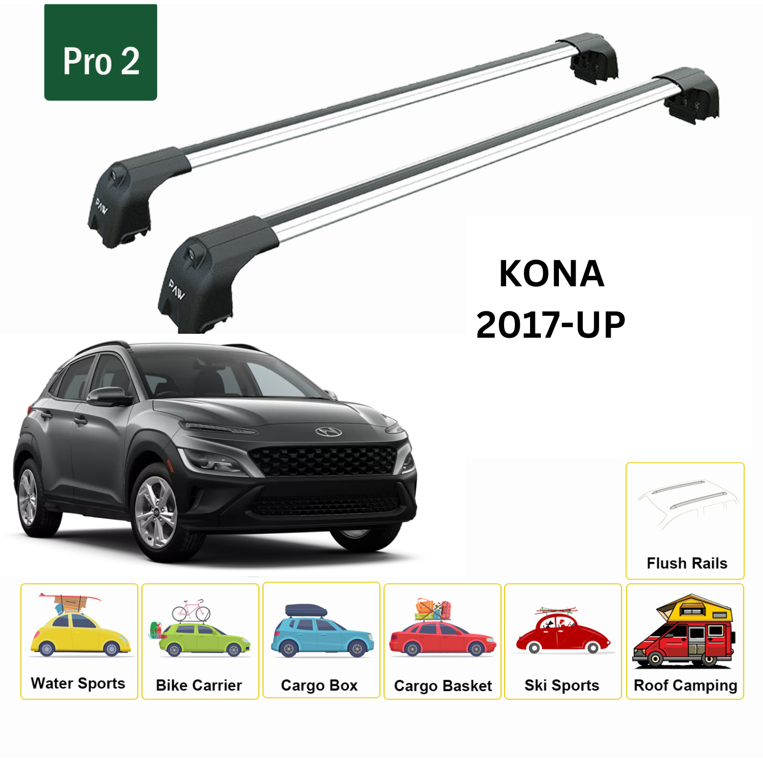 For Hyundai Kona 2017-Up Roof Rack Cross Bars Metal Bracket Flush Rail Alu Black-2