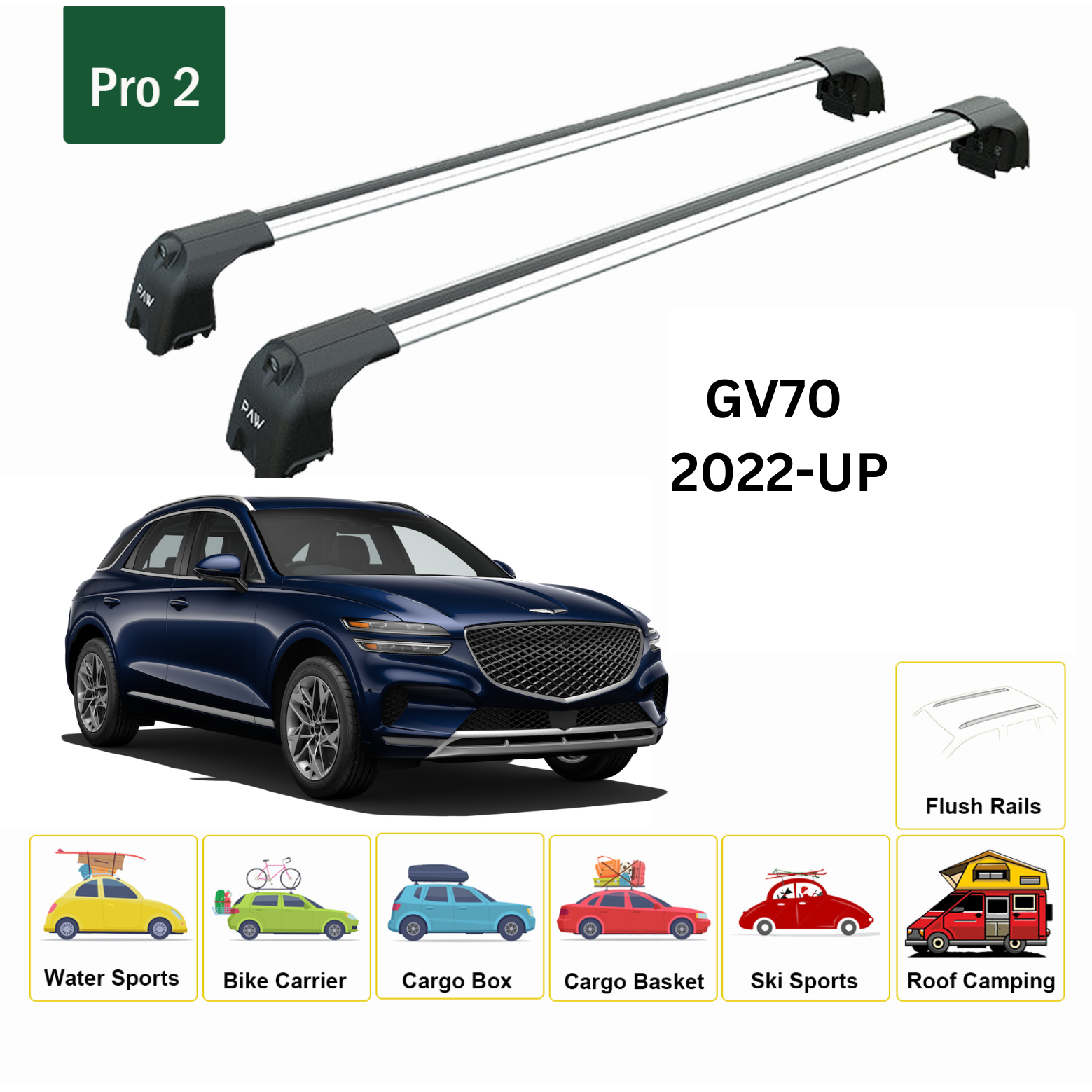 For Genesis GV70 2022-Up Roof Rack Cross Bars Metal Bracket Flush Rail Alu Silver