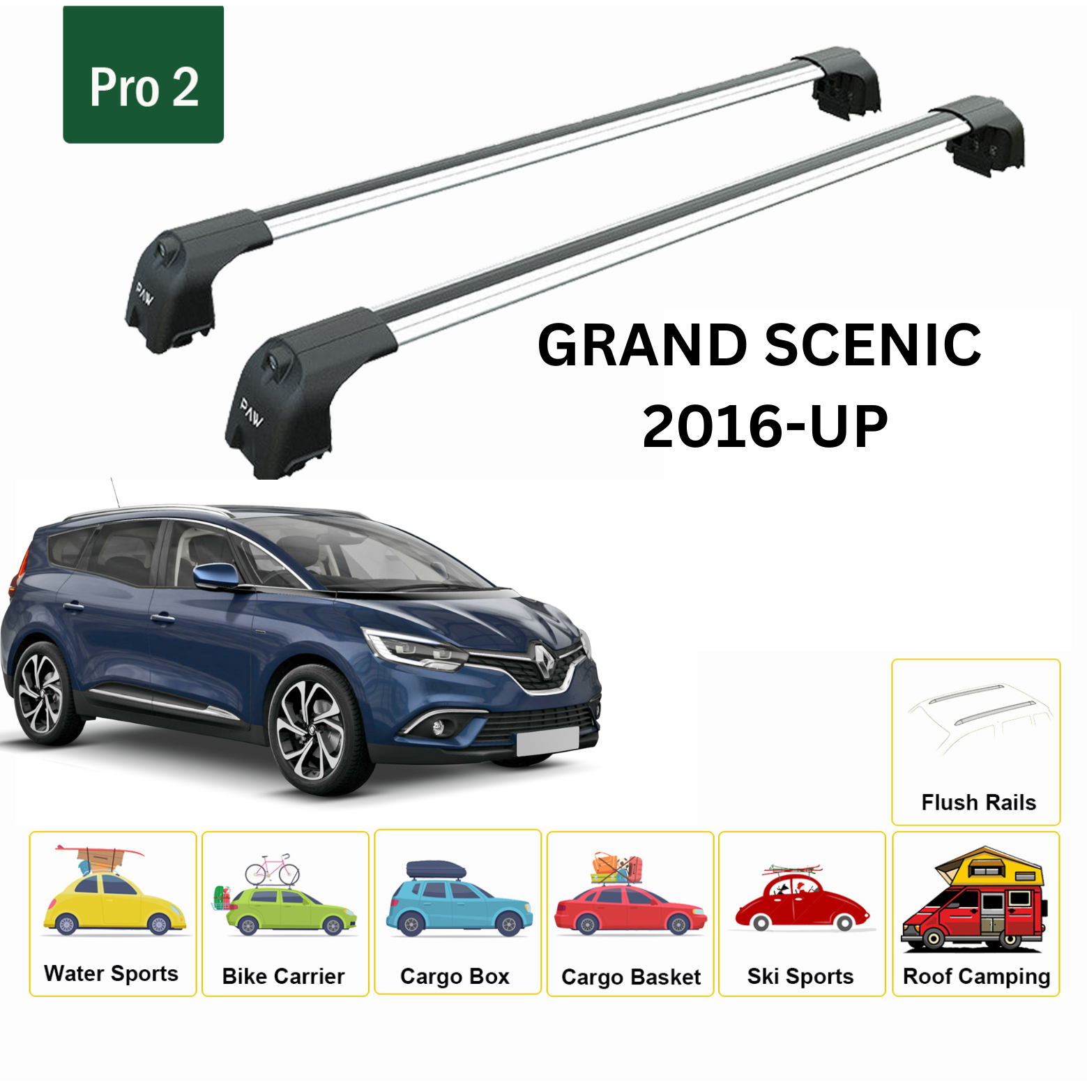 For Renault Grand Scenic 2016-Up Roof Rack System, Aluminium Cross Bar, Metal Bracket, Flush Rail, Silver - 0