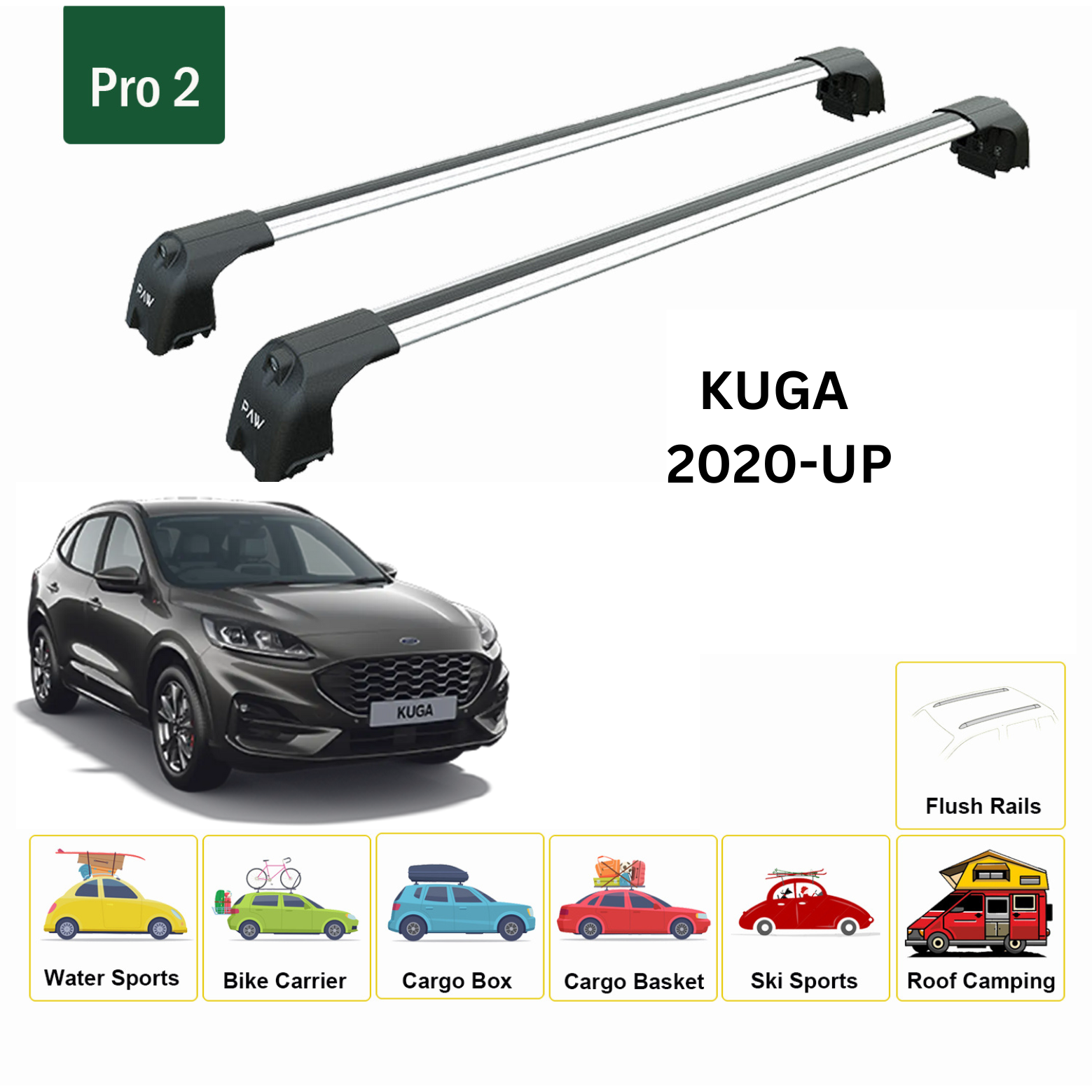 For Ford Kuga 2020-Up Roof Rack Cross Bars Metal Bracket Flush Rail Alu Silver