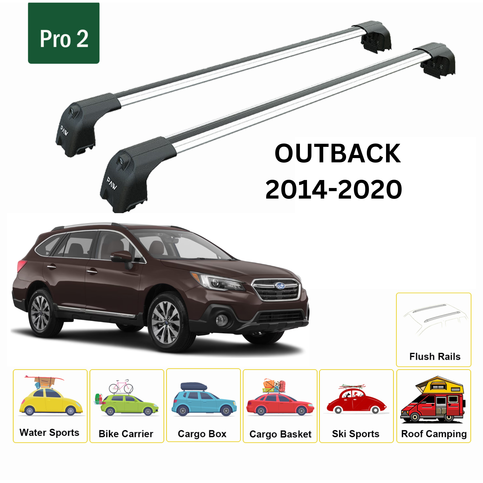 Für Subaru Outback 2014–20 Dachträger, Querträger, Metallhalterung, bündige Schiene, Alu, Silber 203 - 0