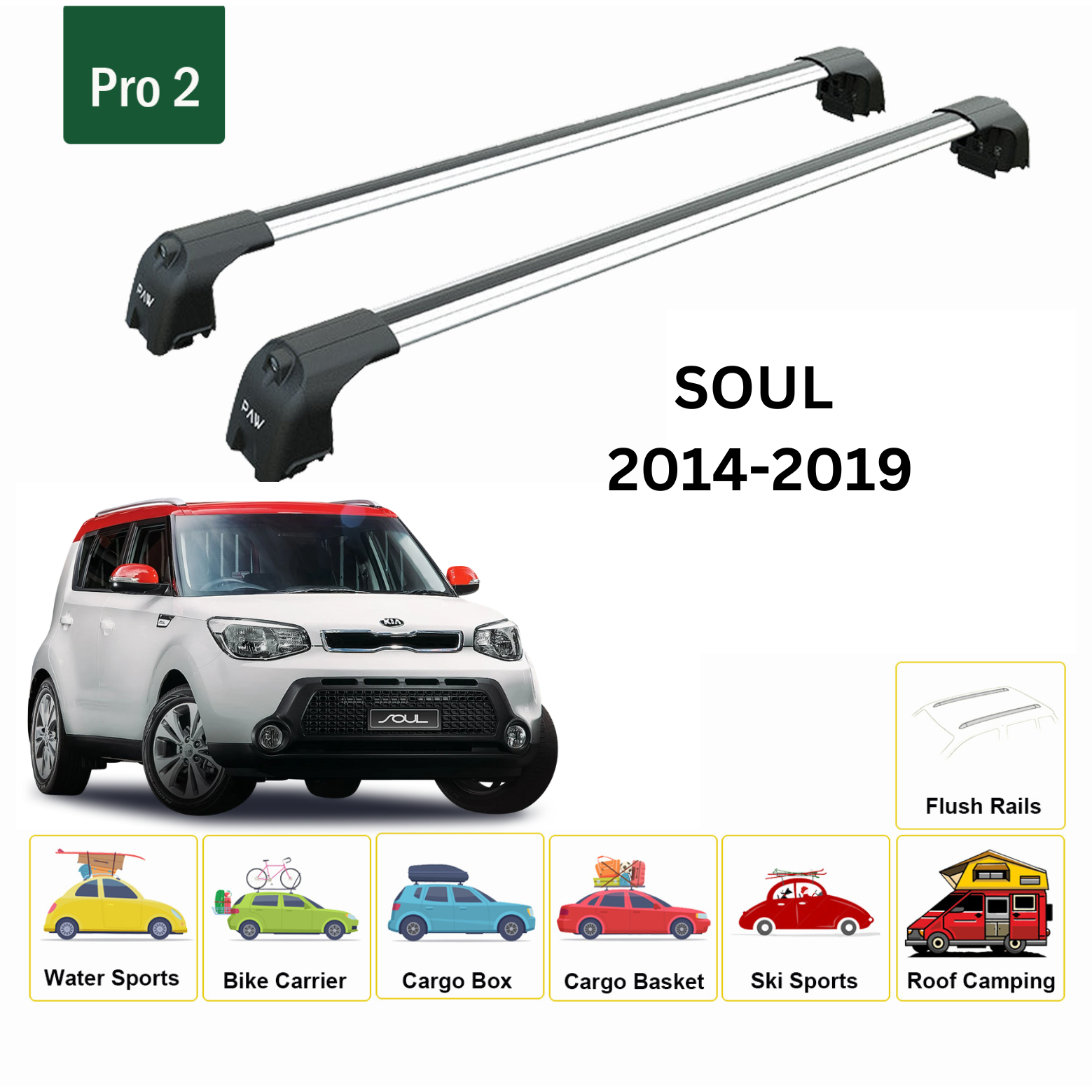 For Kia Soul 2014-19 Roof Rack Cross Bars Flush Rail Paw Pro 2 Alu Silver - 0
