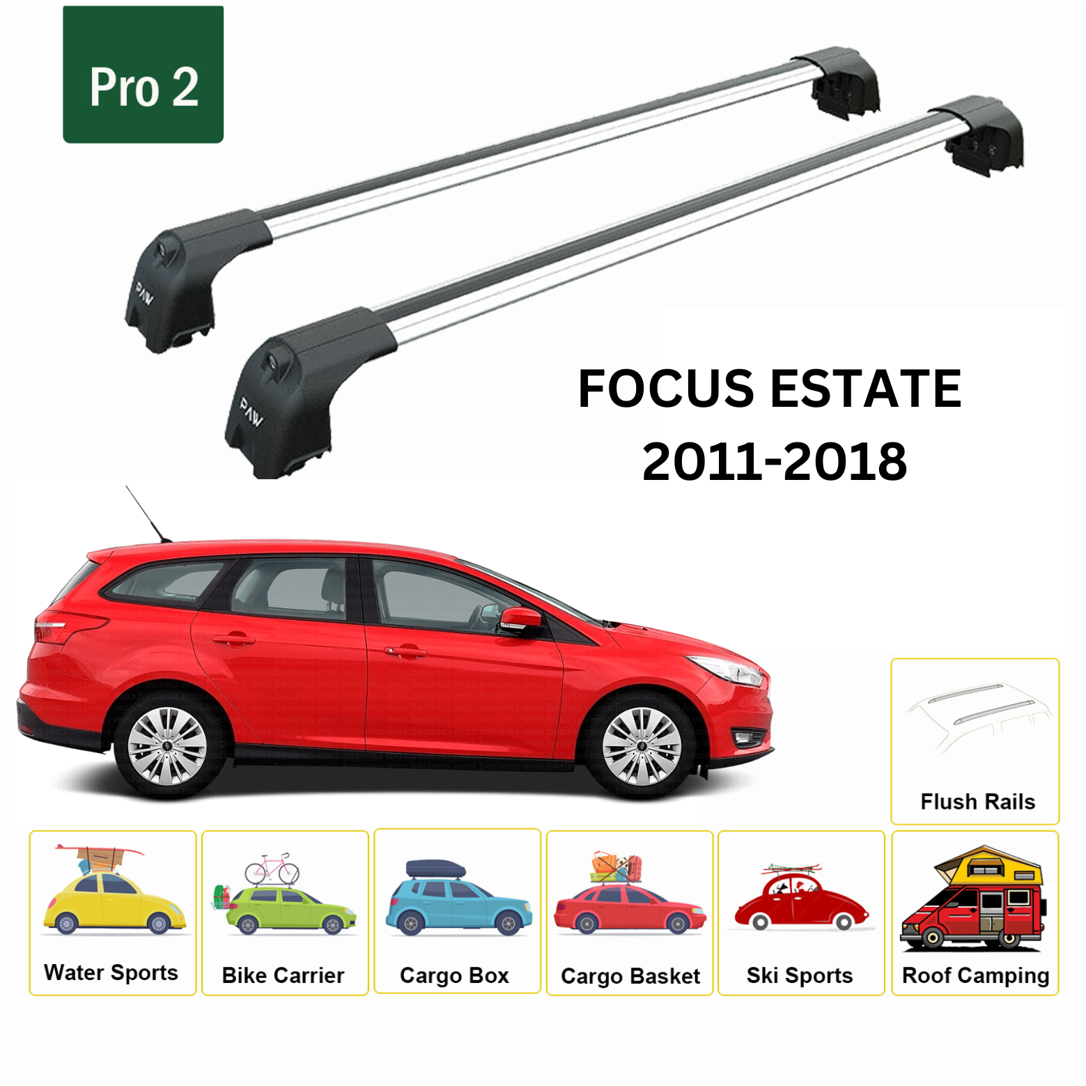For Ford Focus Estate (C346) 2011-18 Roof Rack Cross Bars Flush Rail Alu Silver