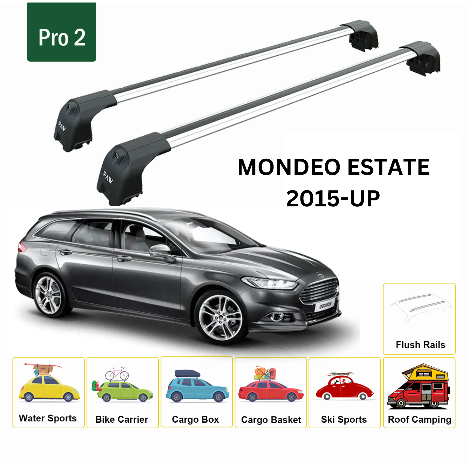 For Ford Mondeo Estate 2015-Up Roof Rack Cross Bars Flush Rail Alu Silver