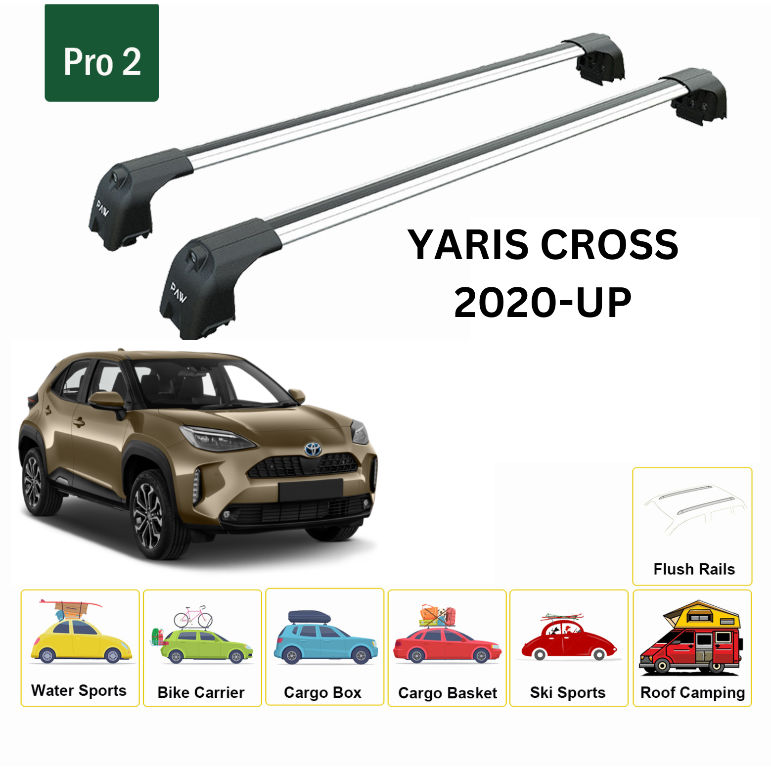 For Toyota Yaris Cross 2020-Up Roof Rack Cross Bars Metal Bracket Flush Rail Alu Silver