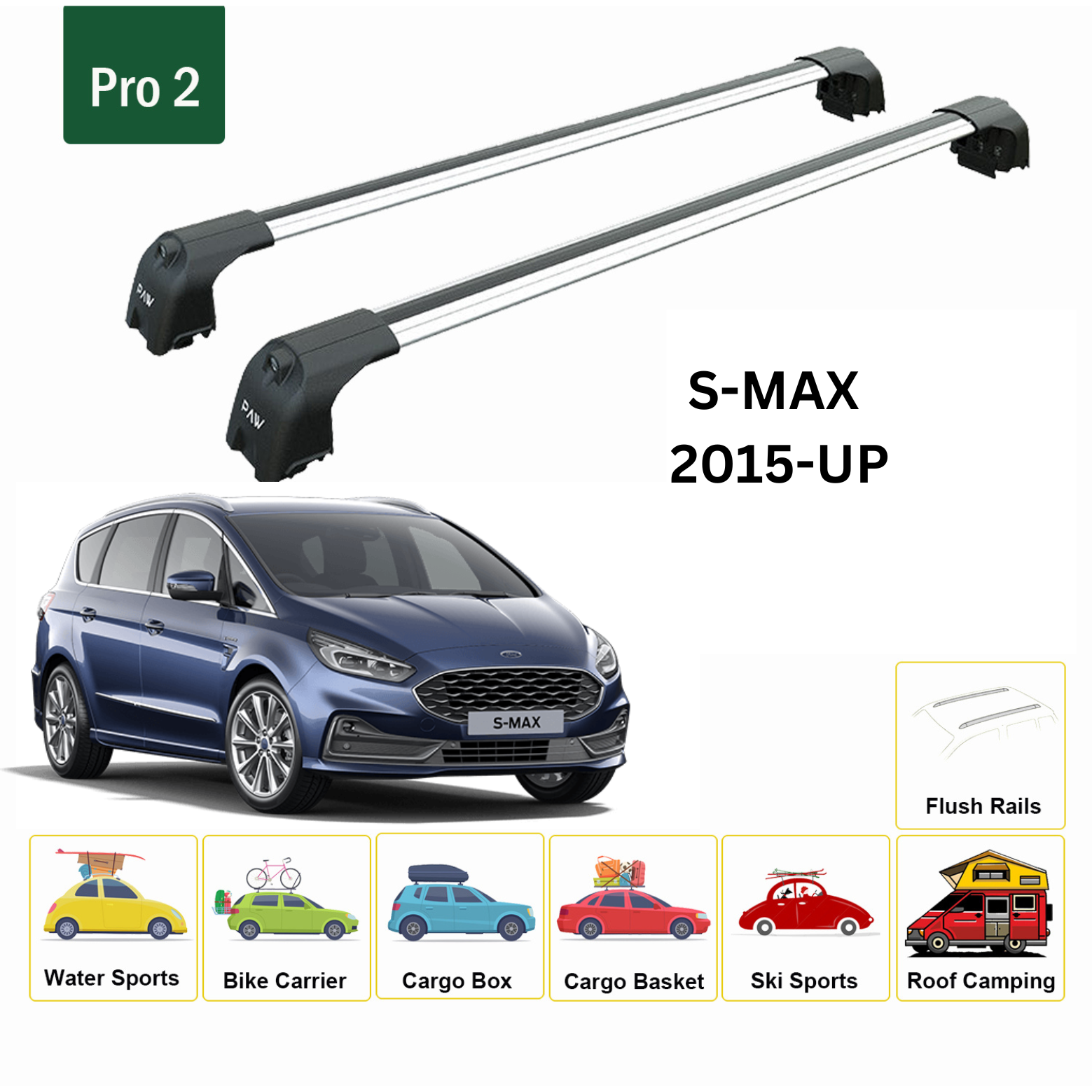 For Ford S-Max (CD539) 2015-Up Roof Rack Cross Bars Flush Rail Alu Silver - 0