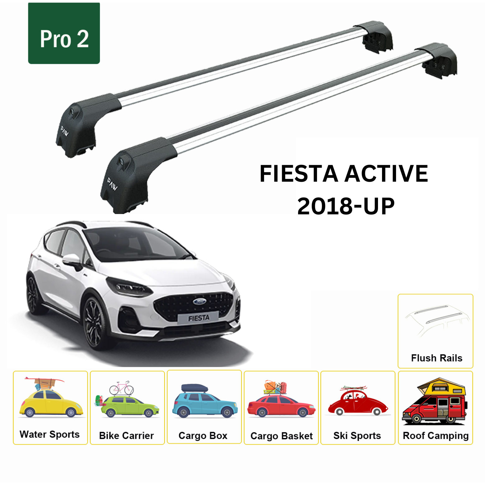 For Ford Fiesta Active (B299) 2018-Up Roof Rack Cross Bars Flush Rail Alu Silver - 0