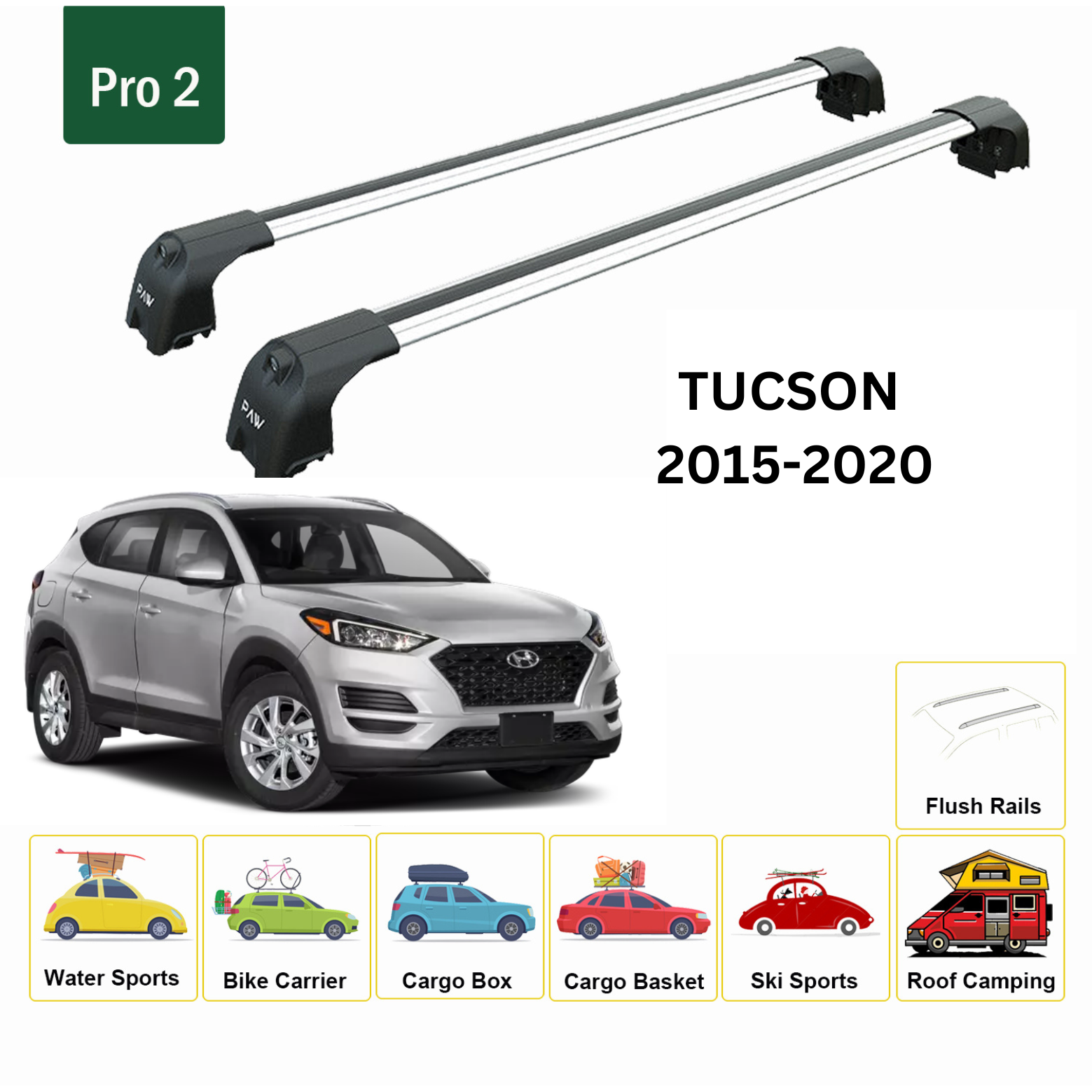 For Hyundai Tucson 2015-20 Roof Rack Cross Bars Metal Bracket Flush Rail Alu Silver