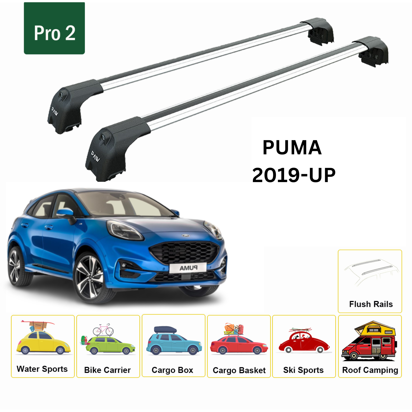 For Ford Puma 2019-Up Roof Rack Cross Bars Metal Bracket Flush Rail Alu Silver
