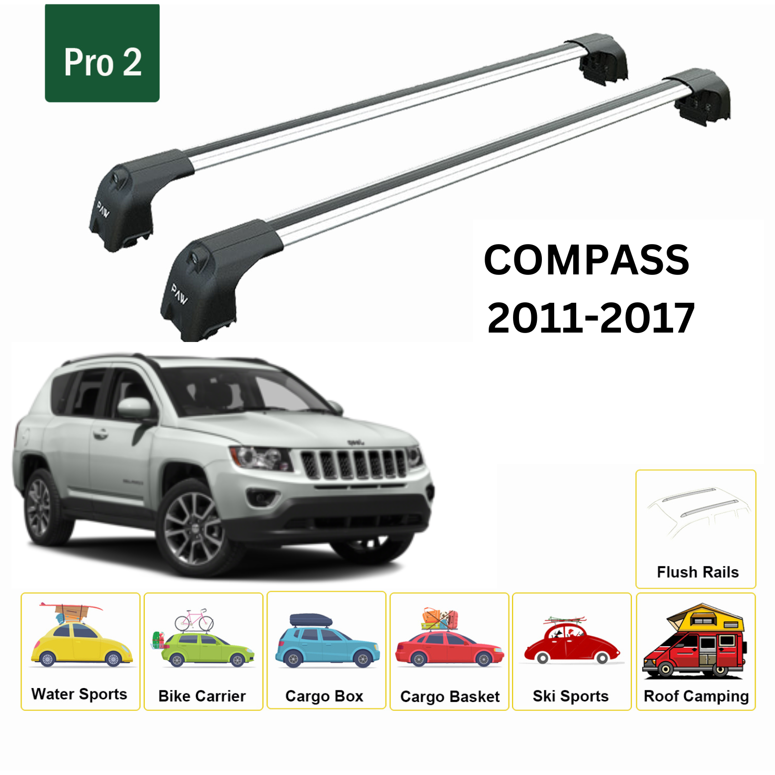 Für Jeep Compass 2011–2017 Dachträgersystem, Aluminium-Querstange, Metallhalterung, abschließbar, Silber