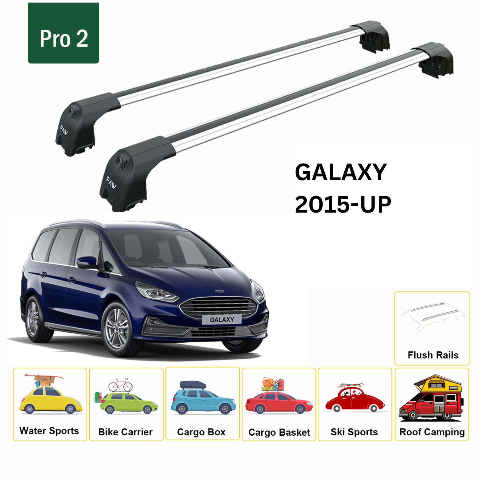 For Ford Galaxy (MK IV) 2015-Up Roof Rack Cross Bars Flush Rail Alu Silver - 0