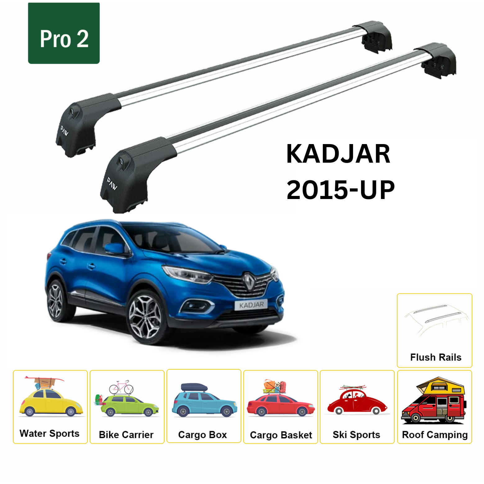 For Renault Kadjar 2015-Up Roof Rack System, Aluminium Cross Bar, Metal Bracket, Flush Rail, Silver - 0