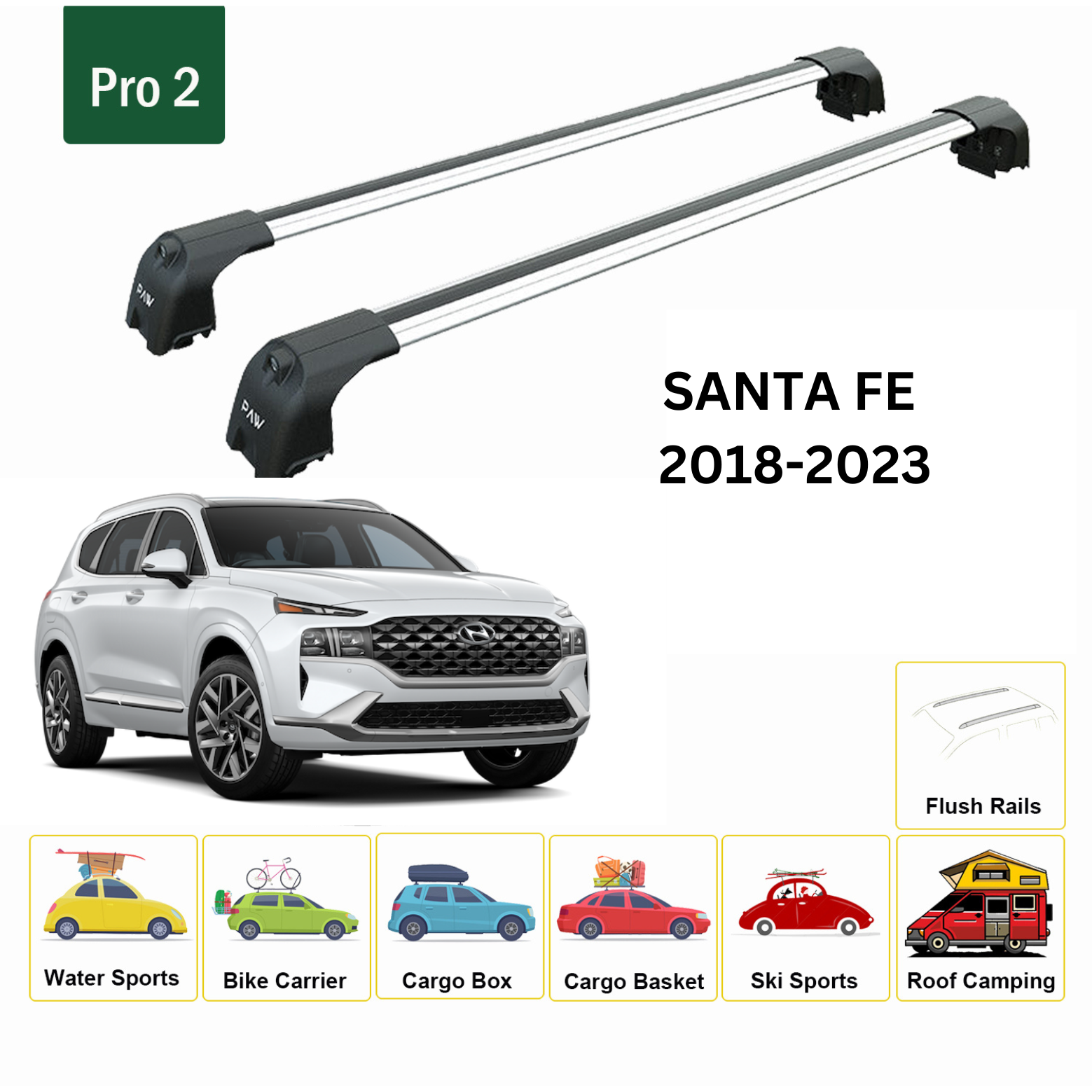For Hyundai Santa Fe 2018-Up Roof Rack Cross Bars Flush Rail Alu Silver