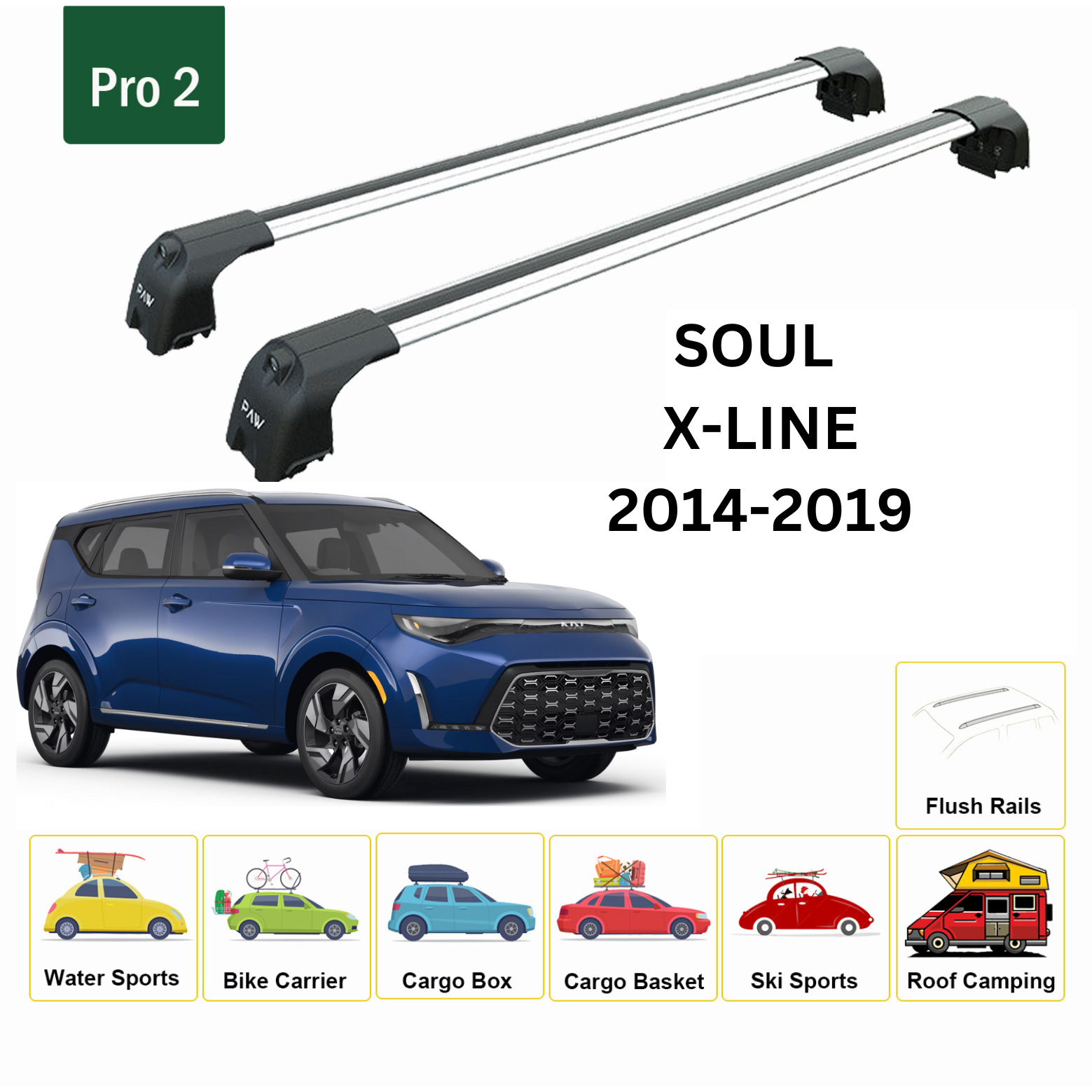 For Kia Soul X-Line 2020-Up Roof Rack Cross Bars Flush Rail Alu Silver