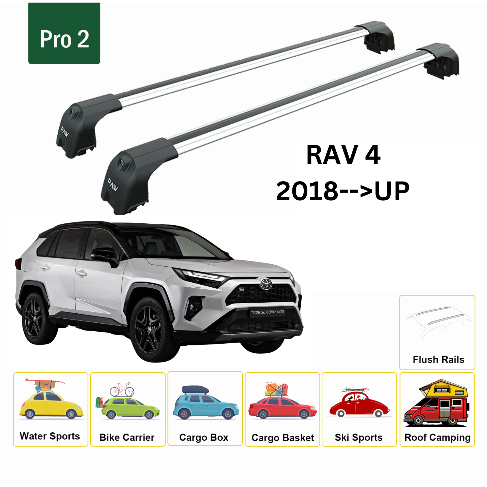 For Toyota Rav 4 2018-Up Roof Rack Cross Bars Metal Bracket Flush Rail Alu Silver - 0