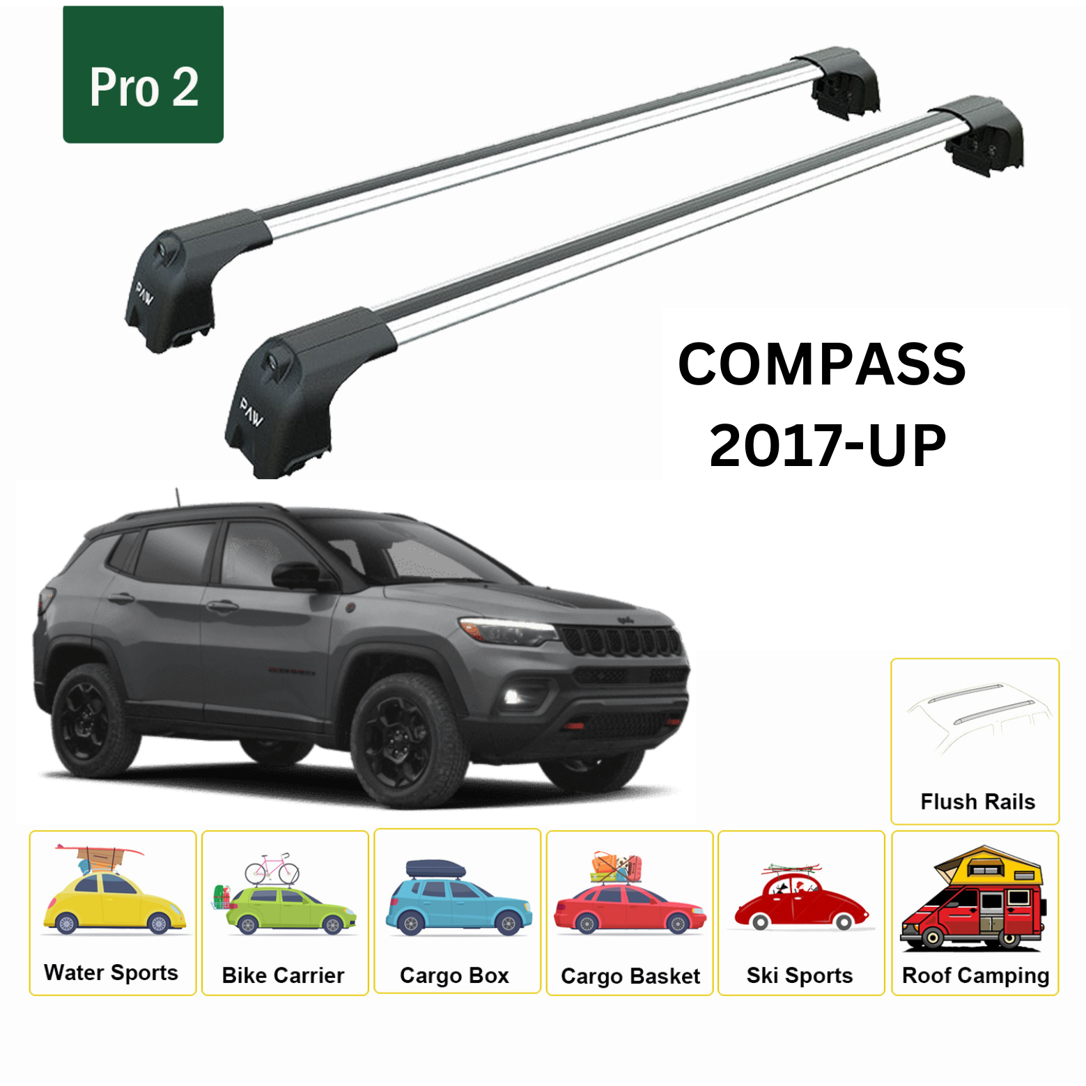 For Jeep Compass 2017-Up Roof Rack Cross Bars Flush Rail Alu Silver