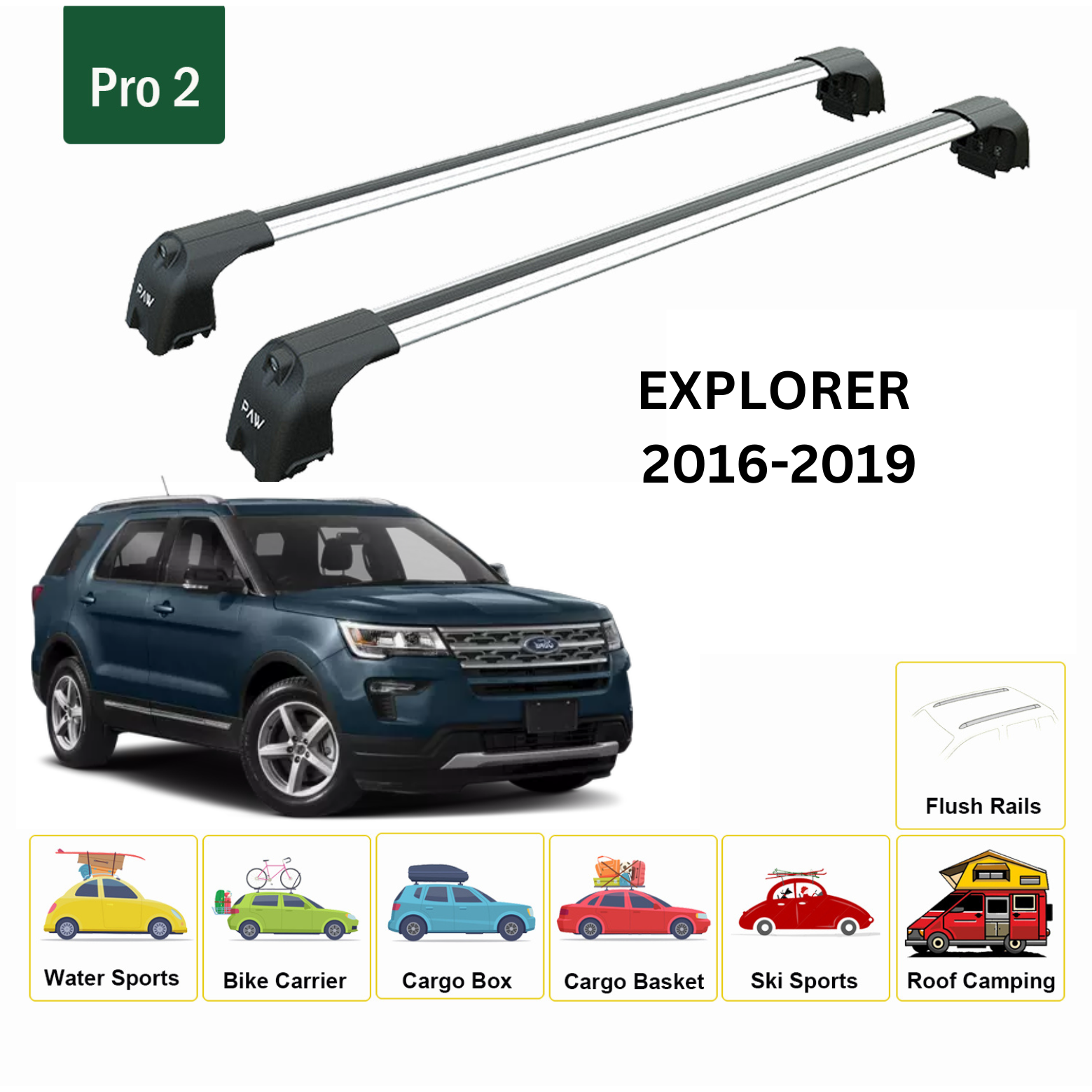 For Ford Explorer 2016-19 Roof Rack Cross Bars Metal Bracket Flush Rail Alu Silver-2