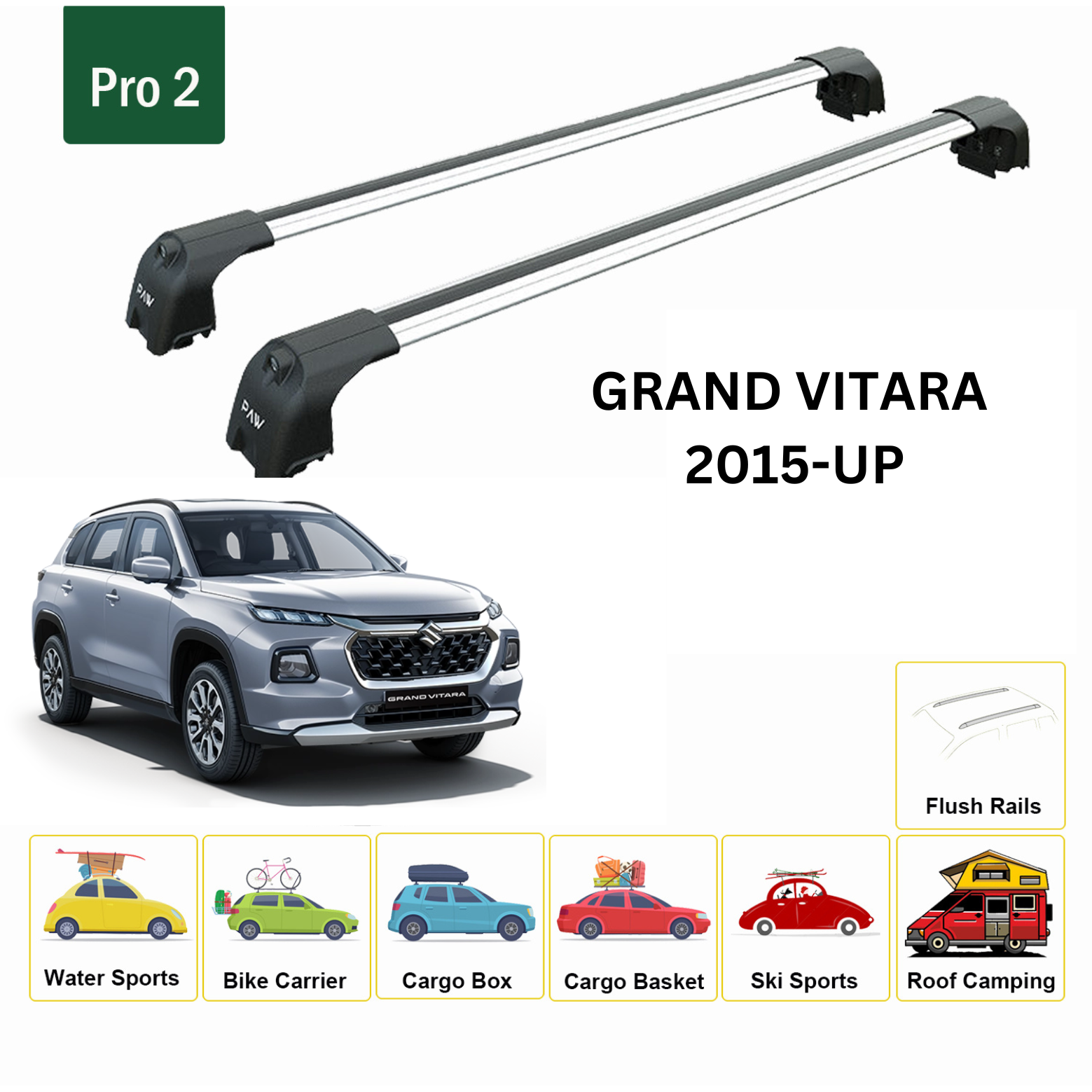 For Suzuki Grand Vitara Roof Rack Cross Bars Metal Bracket Flush Rail Silver 2015-Up - 0