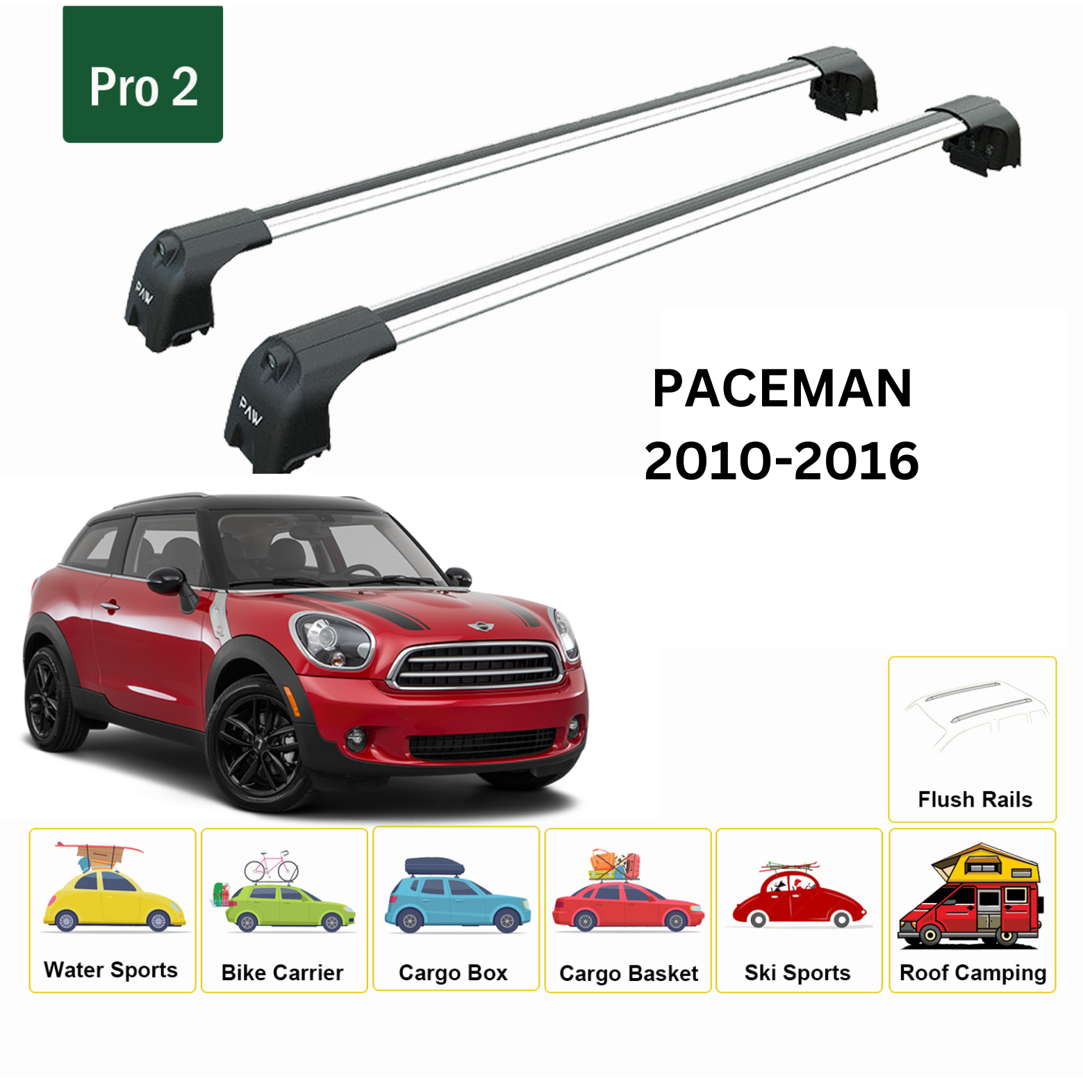 For Mini Paceman 2010-16 Roof Rack Cross Bars Metal Bracket Flush Rail Alu Silver - 0