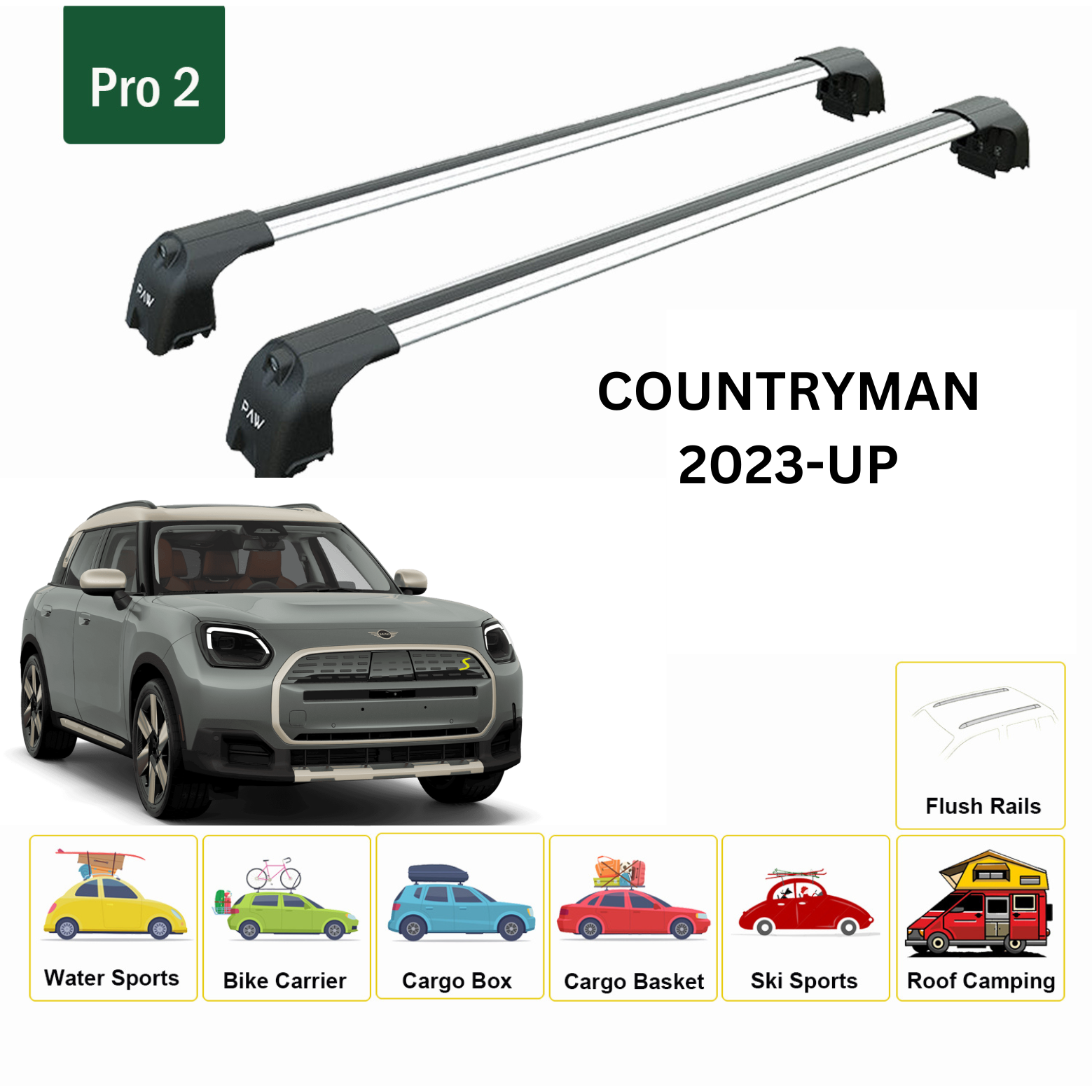 For Mini Countryman Roof Rack Cross Bars Metal Bracket Flush Rail Alu Silver 2023-Up