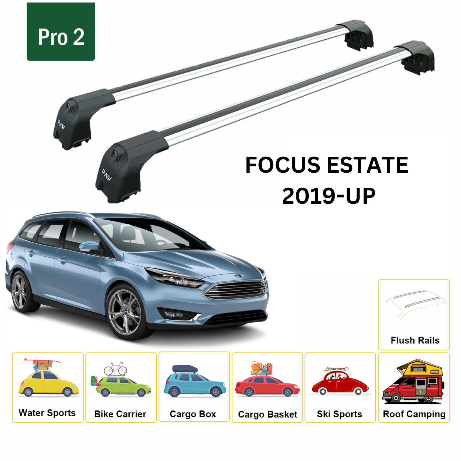 For Ford Focus Estate SW 2019-Up Roof Rack Cross Bars Metal Bracket Flush Rail Alu Silver