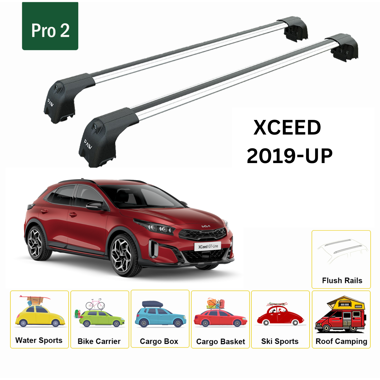 For Kia XCeed 2019-Up Roof Rack Cross Bars Metal Bracket Flush Rail Alu Silver