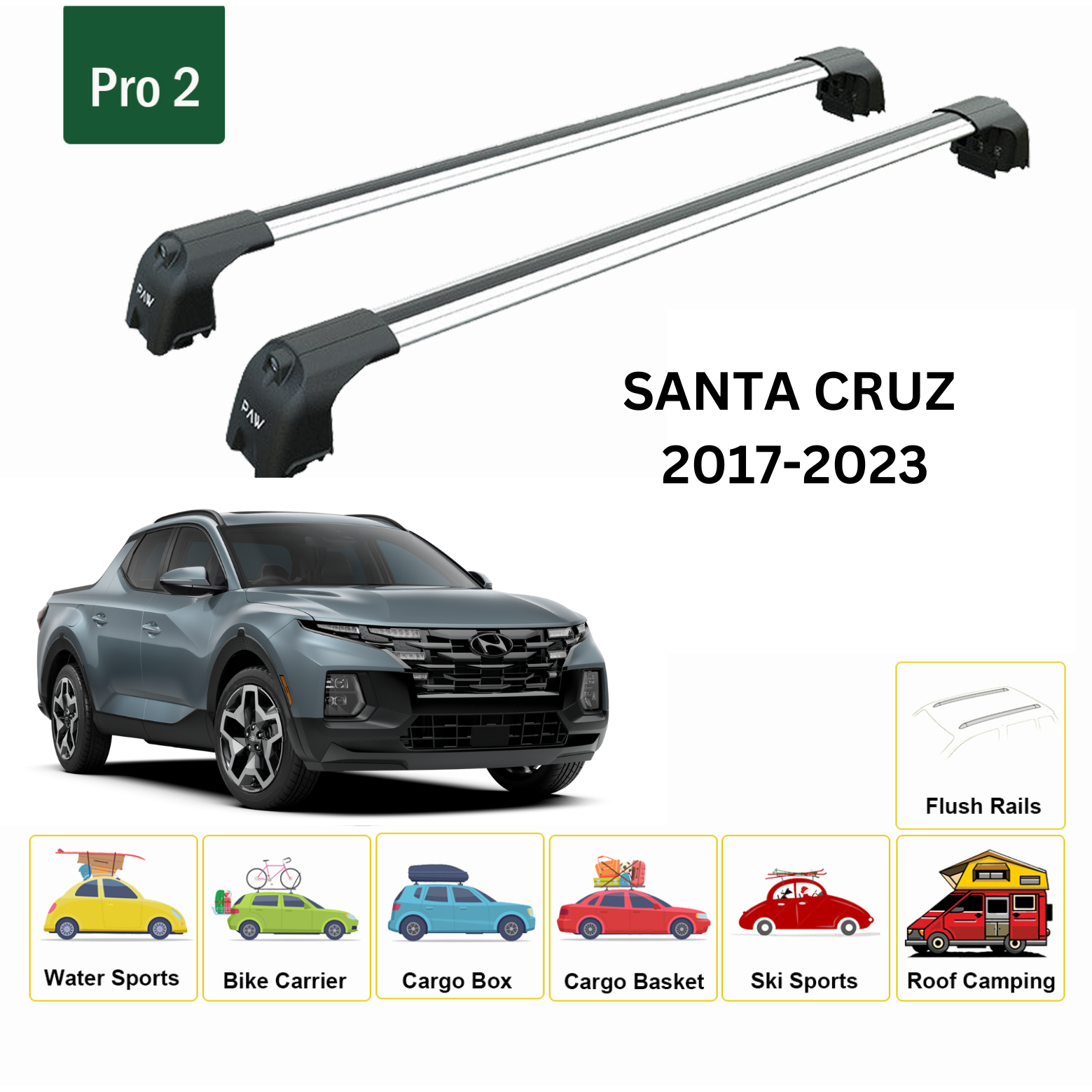 For Hyundai Santa Cruz 2022-Up Bed Rack, Roof Rack and 8-Piece Load Stop Alu Silver