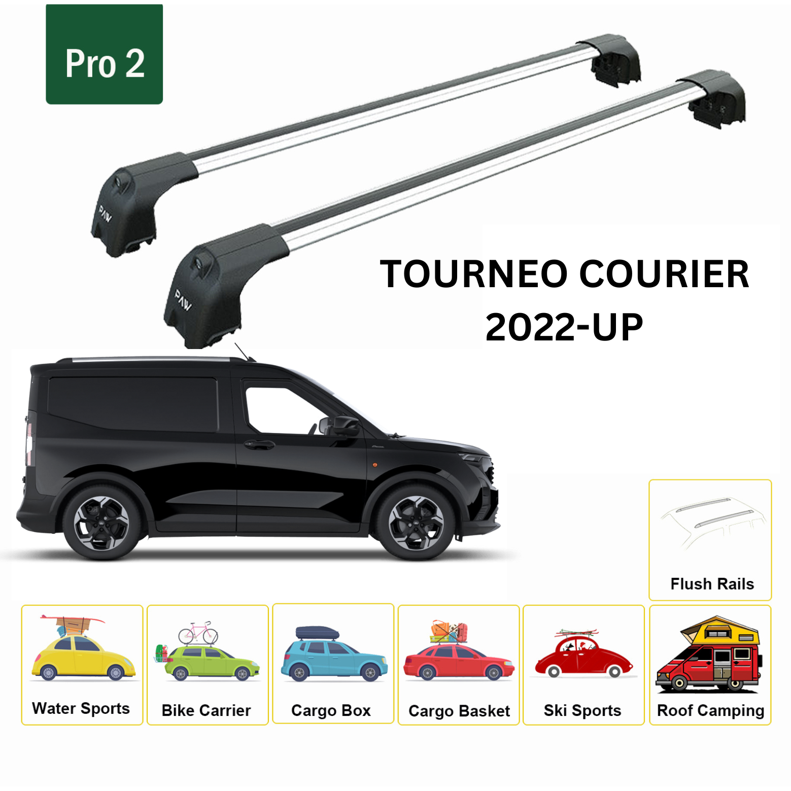 For Ford Tourneo Courier 2022-Up Roof Rack Cross Bars Flush Rail Alu Silver - 0
