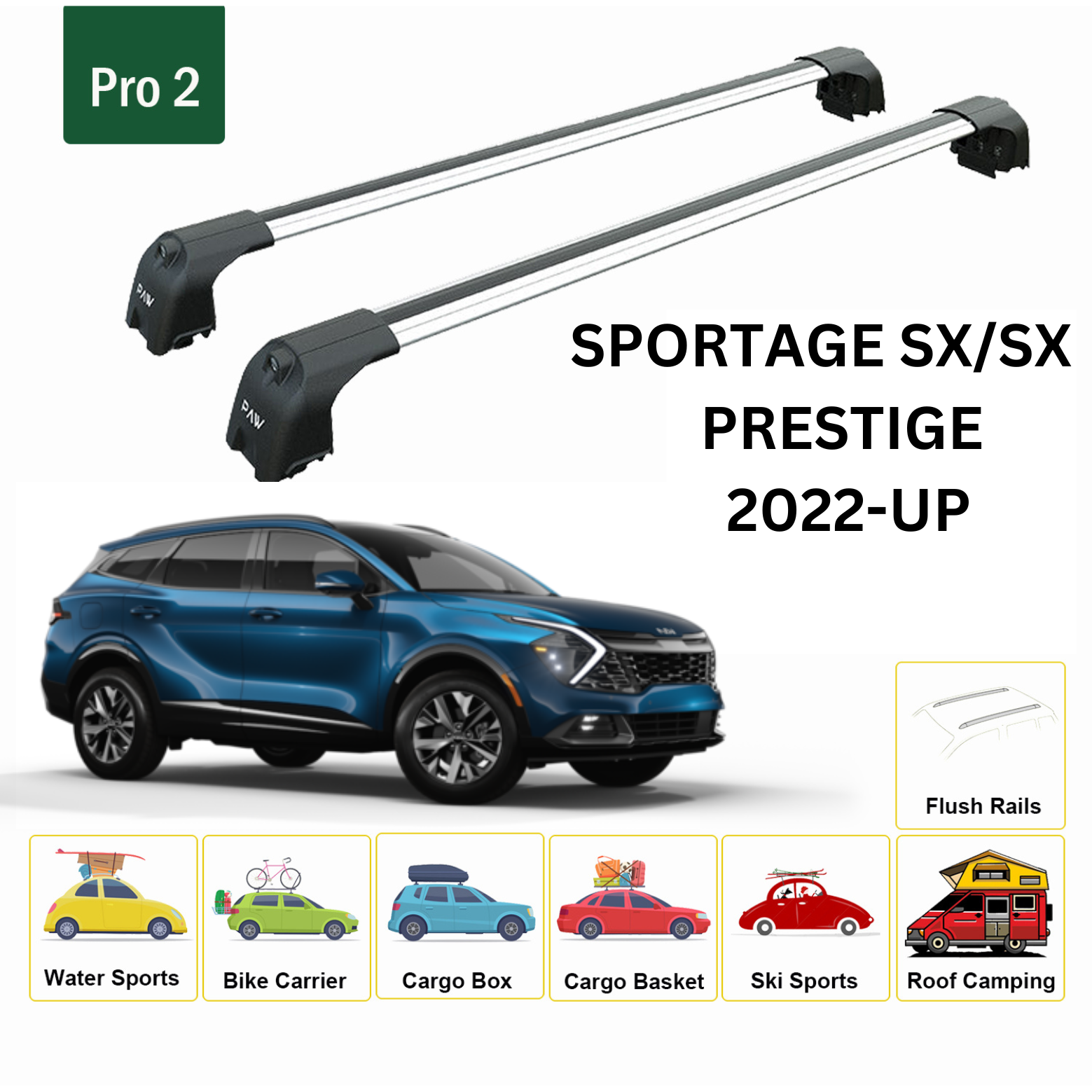 For Kia Sportage SX/SX Prestige 2022-Up Roof Rack Cross Bars Metal Bracket Flush Rail Alu Silver