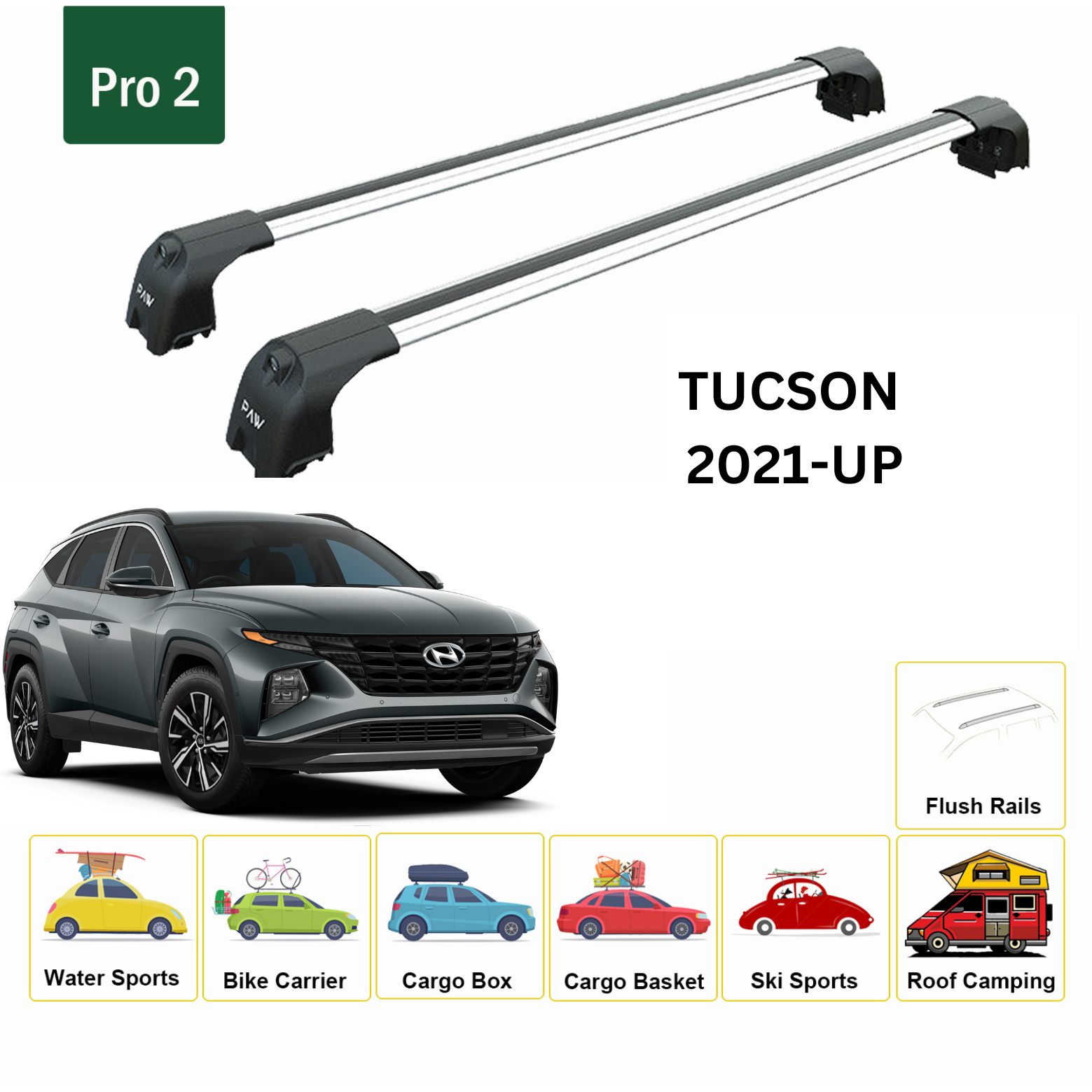 For Hyundai Tucson 2021-Up Roof Rack Cross Bars Flush Rail Alu Silver