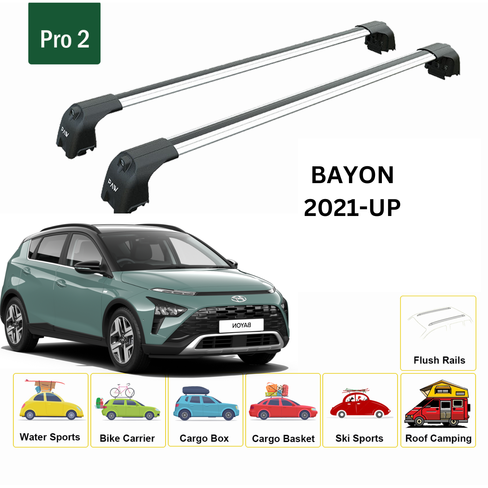 For Hyundai Bayon 2021-Up Roof Rack Cross Bars Metal Bracket Flush Rail Alu Silver-2