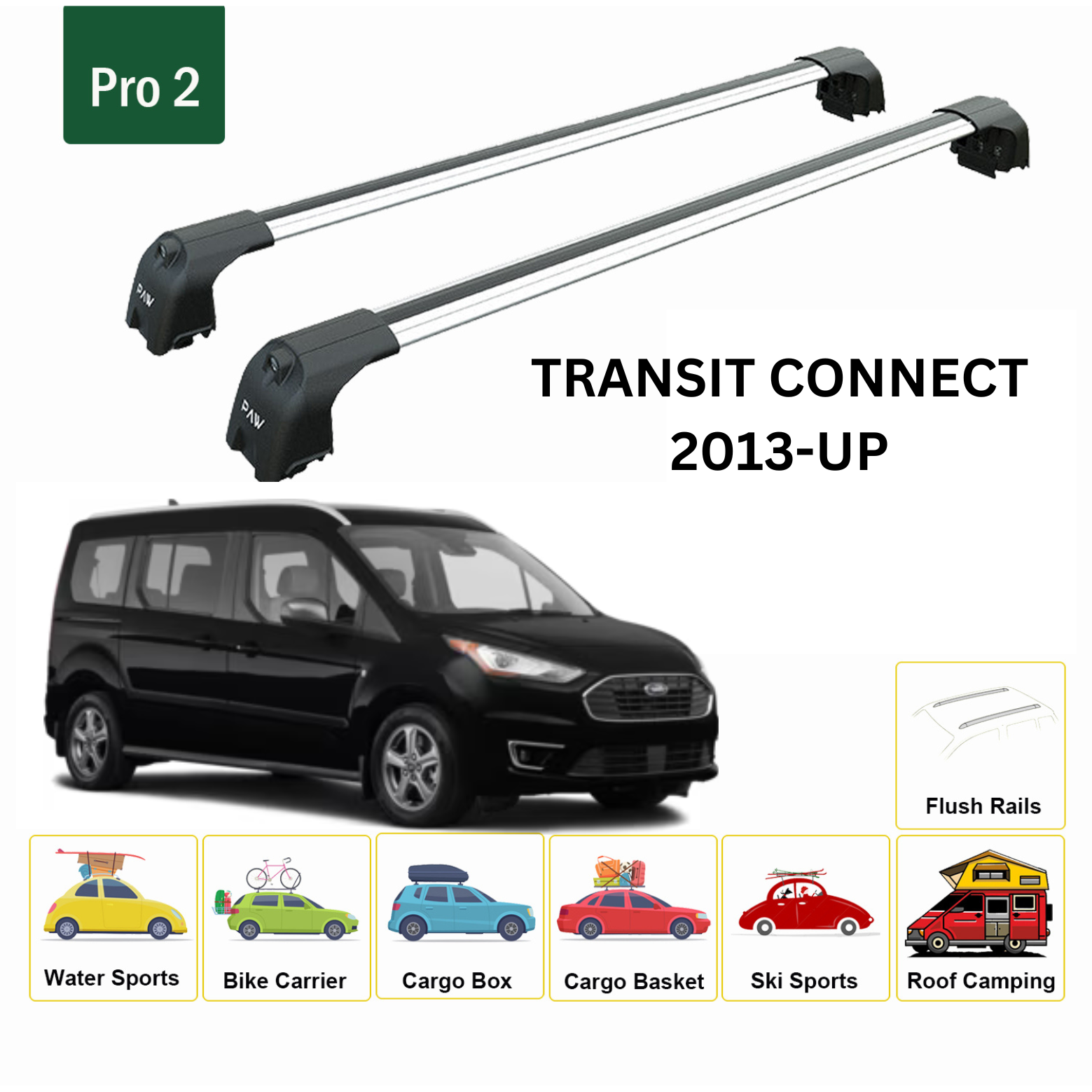 For Ford Transit Connect LWB 2013-Up Roof Rack Cross Bars Flush Rail Alu Silver - 0