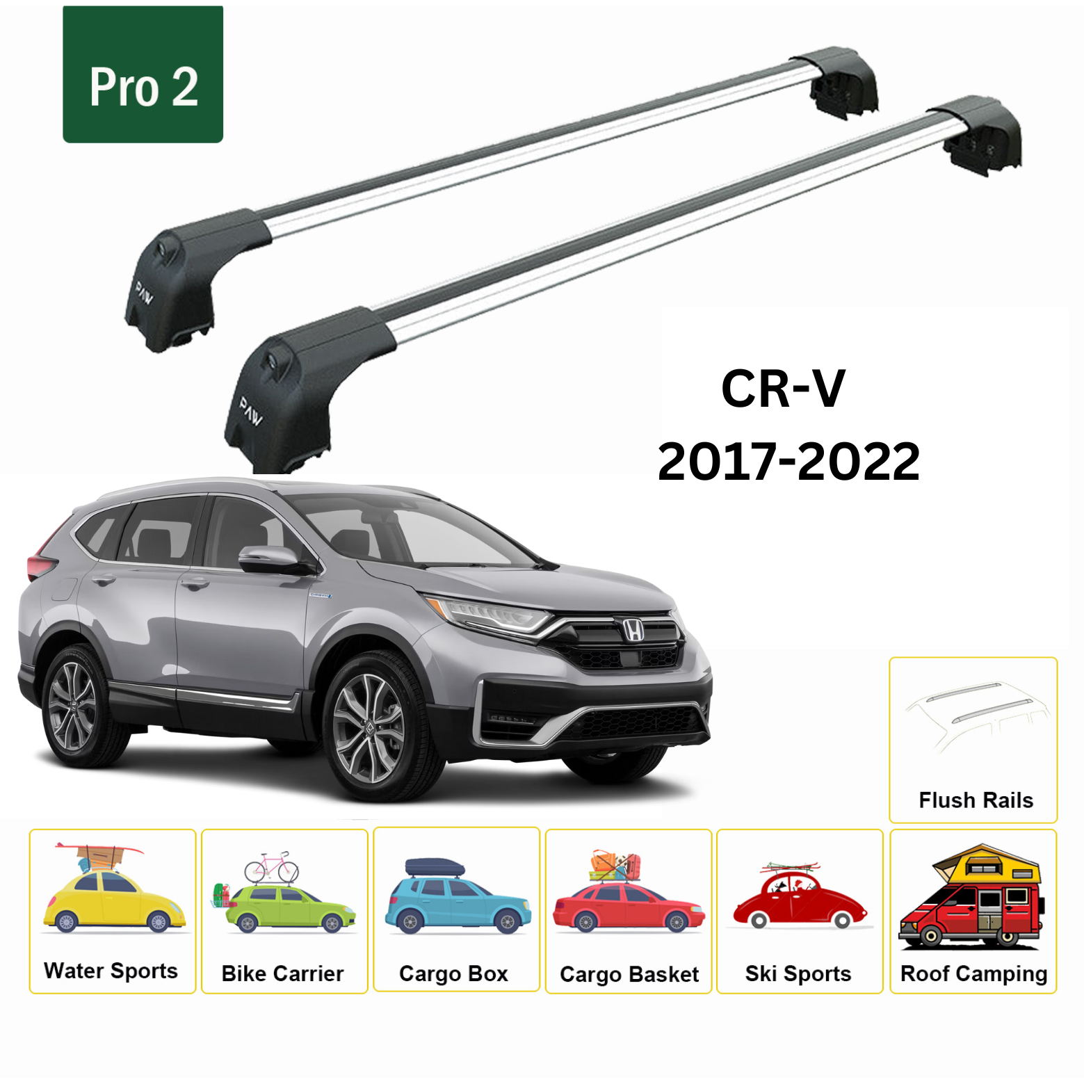 For Honda CR-V (MK5) 2017-22 Roof Rack Cross Bars Metal Bracket Flush Rail Alu Silver - 0