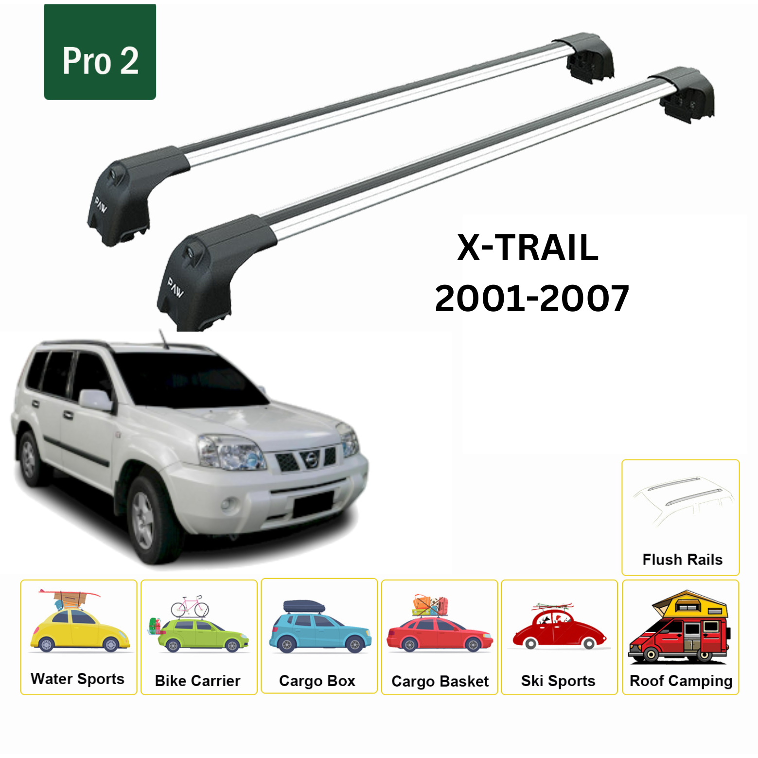 For Nissan X-Trail T30 Roof Rack Cross Bars Metal Bracket Flush Rail Alu Silver 2001-07